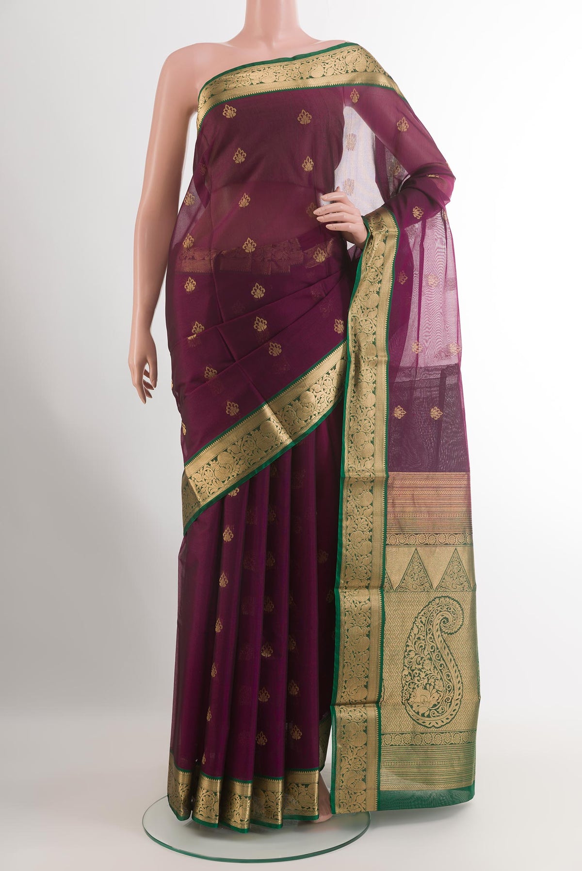 Purple Silk Cotton Saree with Zari Butta on the body and Zari Border.  displayed on a mannequin