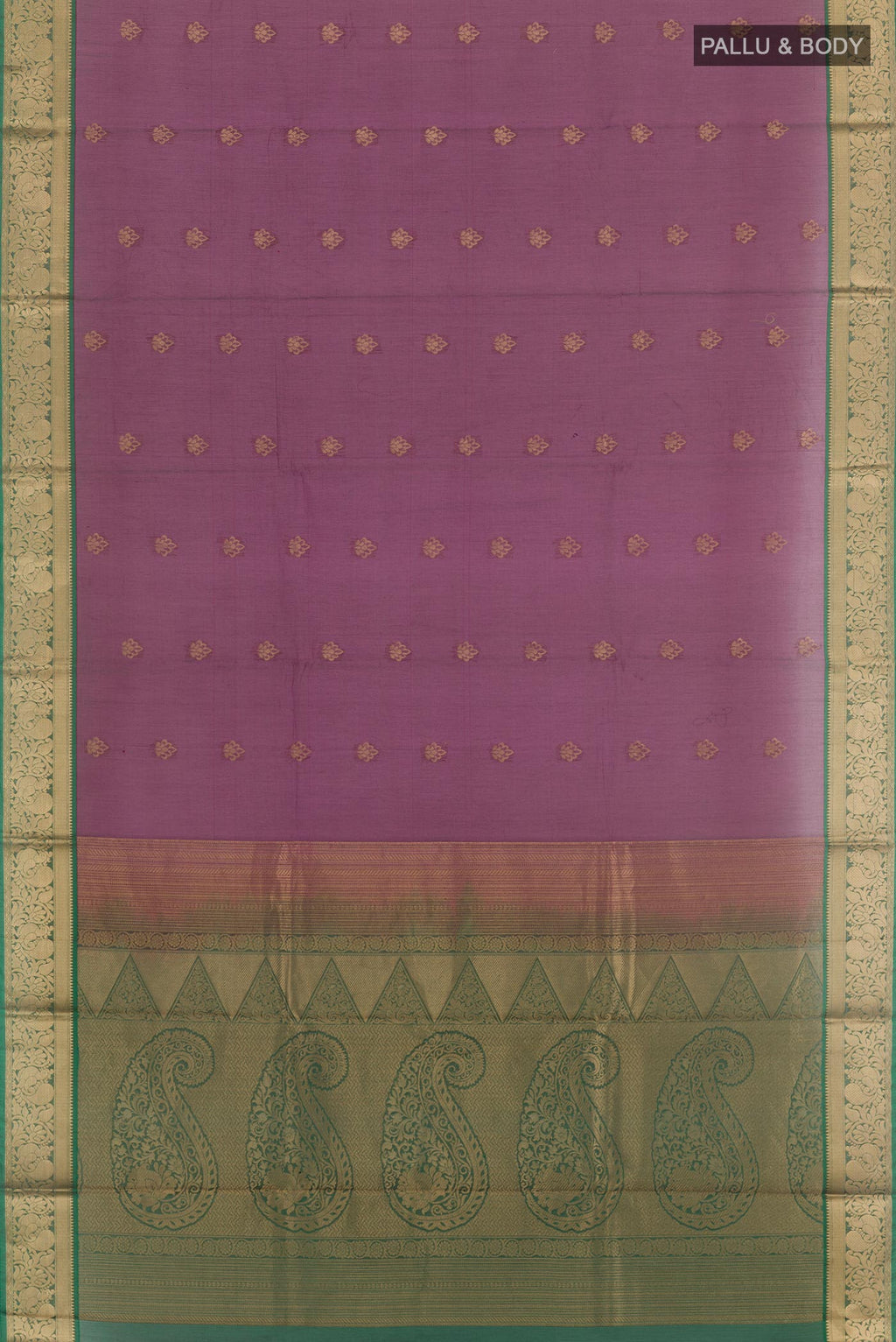 Flat view of Purple Silk Cotton Saree with Zari Butta on the body and Zari Border. 