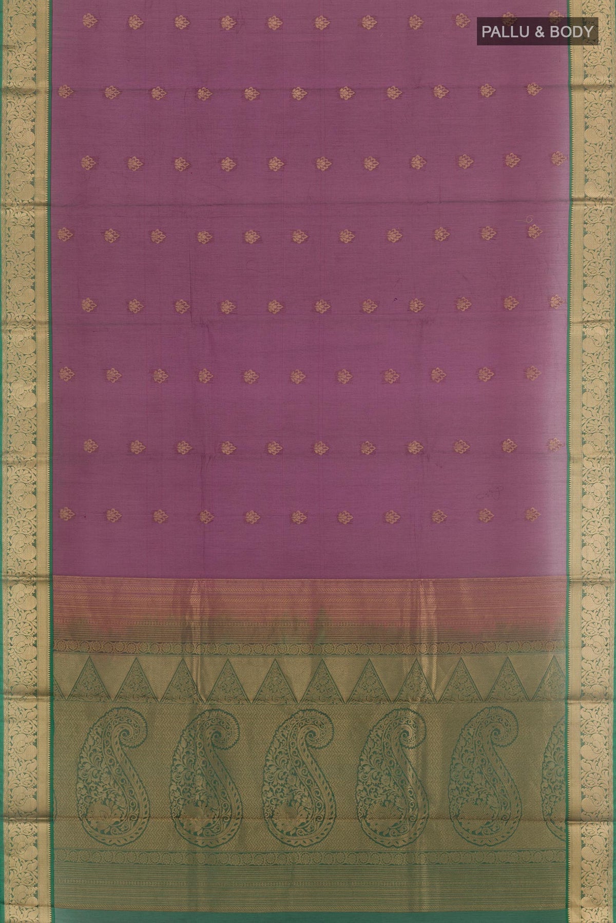 Flat view of Purple Silk Cotton Saree with Zari Butta on the body and Zari Border. 