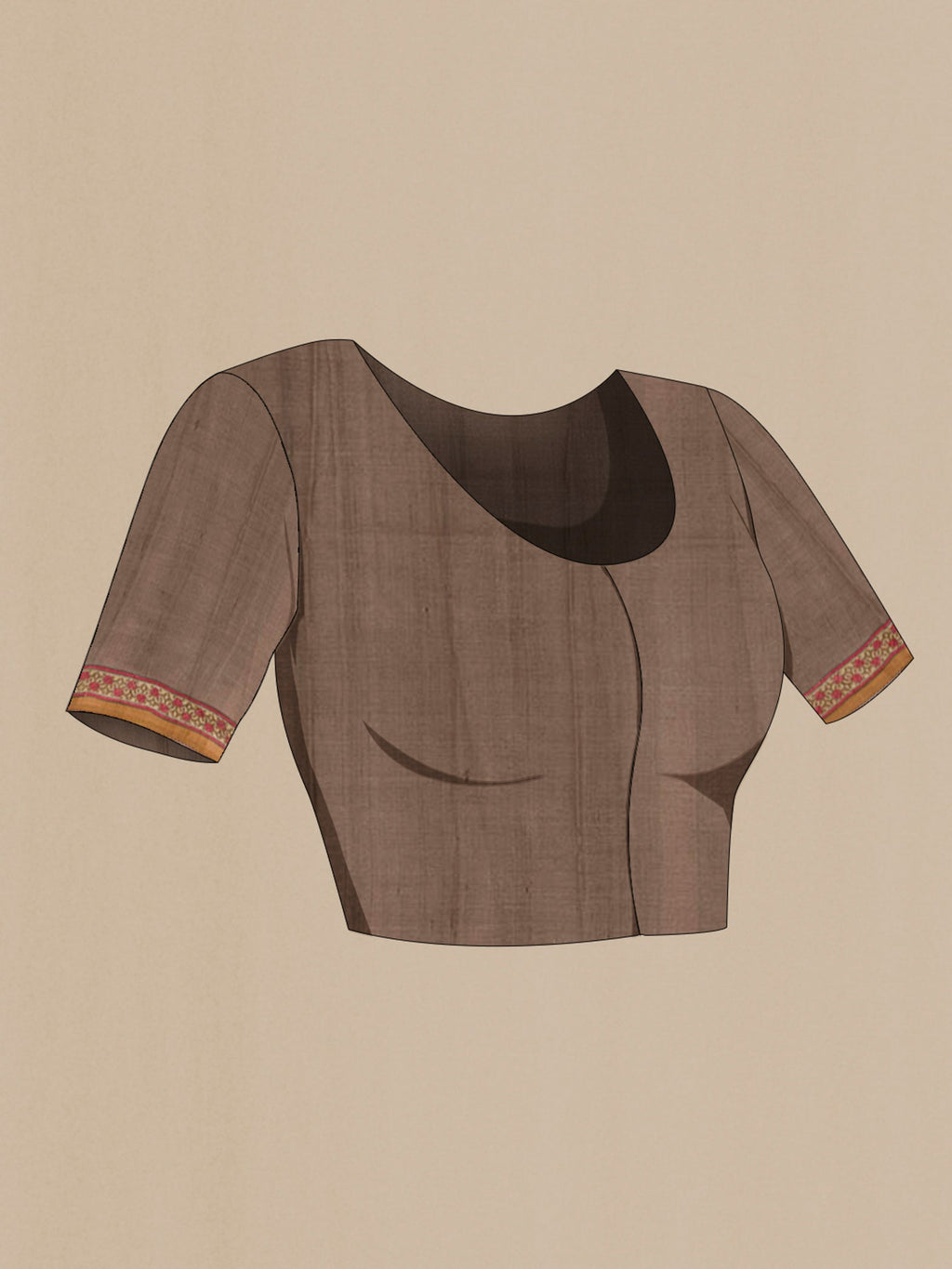 Close up image of the blouse of Grey Tussar Saree with Printed design on the body and Printed Border. 
