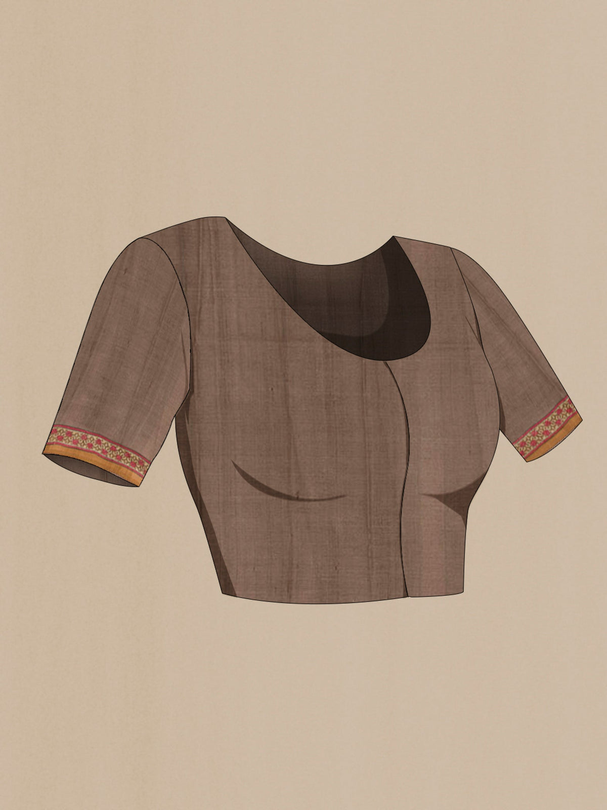 Close up image of the blouse of Grey Tussar Saree with Printed design on the body and Printed Border. 
