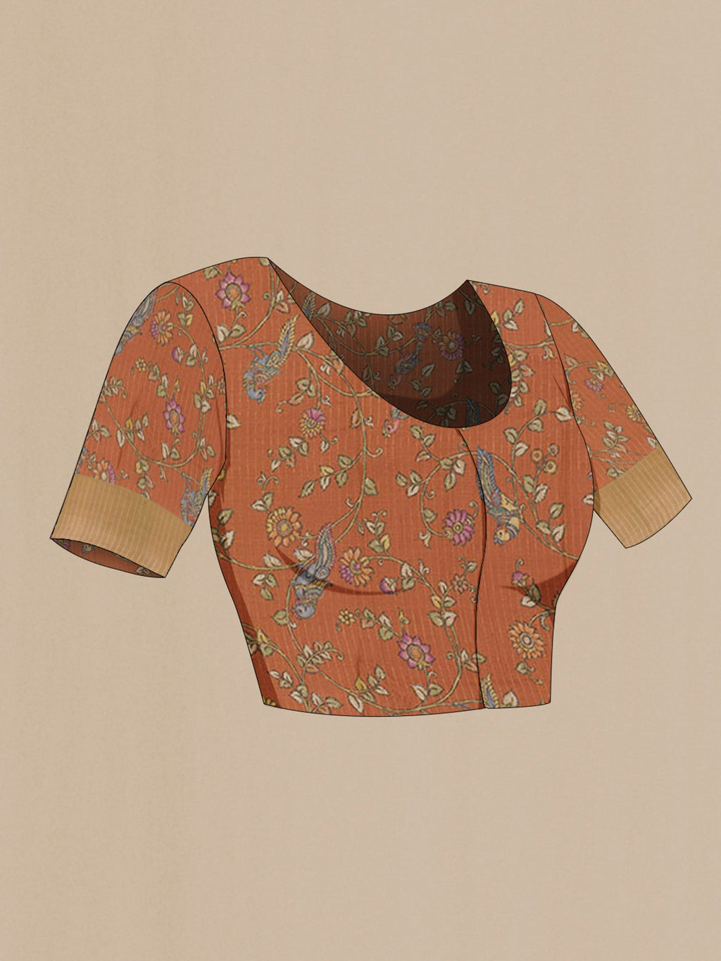 Close up image of the blouse of Beige Tussar Saree with Embroidery on the body and Zari Border. 