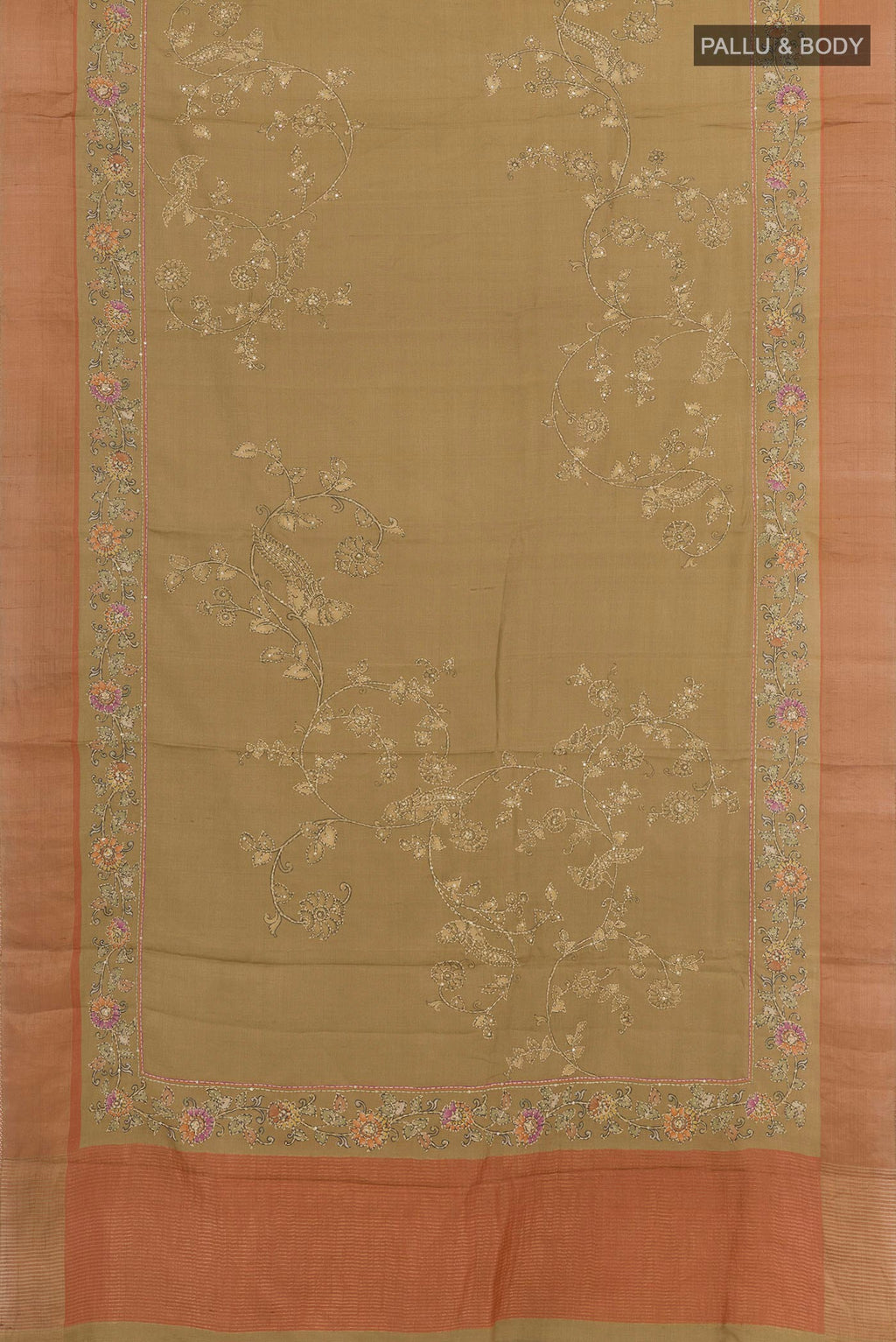 Flat view of Beige Tussar Saree with Embroidery on the body and Zari Border. 