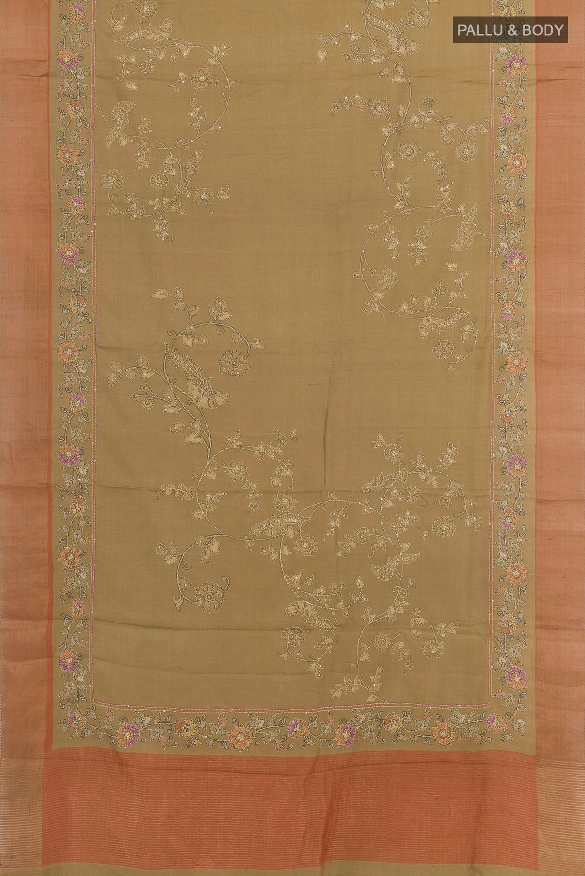 Flat view of Beige Tussar Saree with Embroidery on the body and Zari Border. 