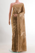 Brown Tussar Silk Saree with Embroidery on the body and Embroidery Border.  displayed on a mannequin