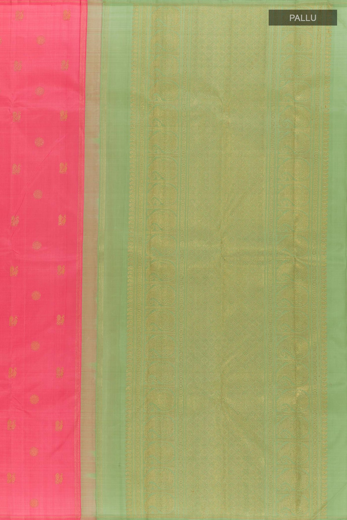 Close up image of the pallu of Pure Silk Pure Zari Coral Kanchipuram Saree with Zari Butta on the body and Without Border. 
