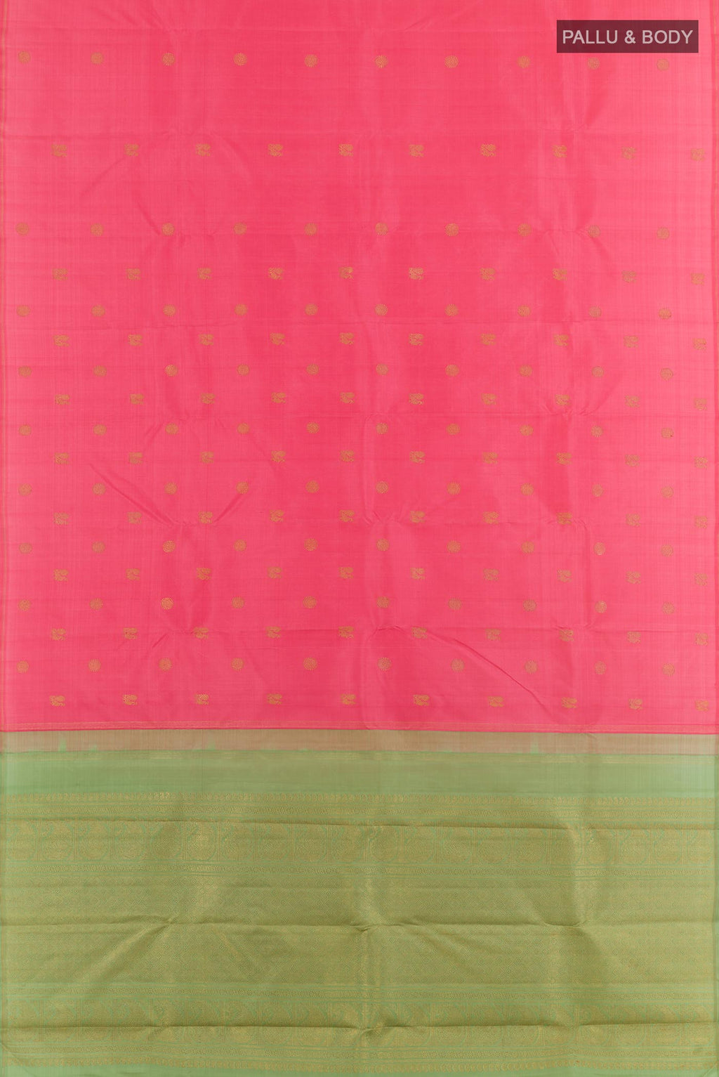 Flat view of Pure Silk Pure Zari Coral Kanchipuram Saree with Zari Butta on the body and Without Border. 