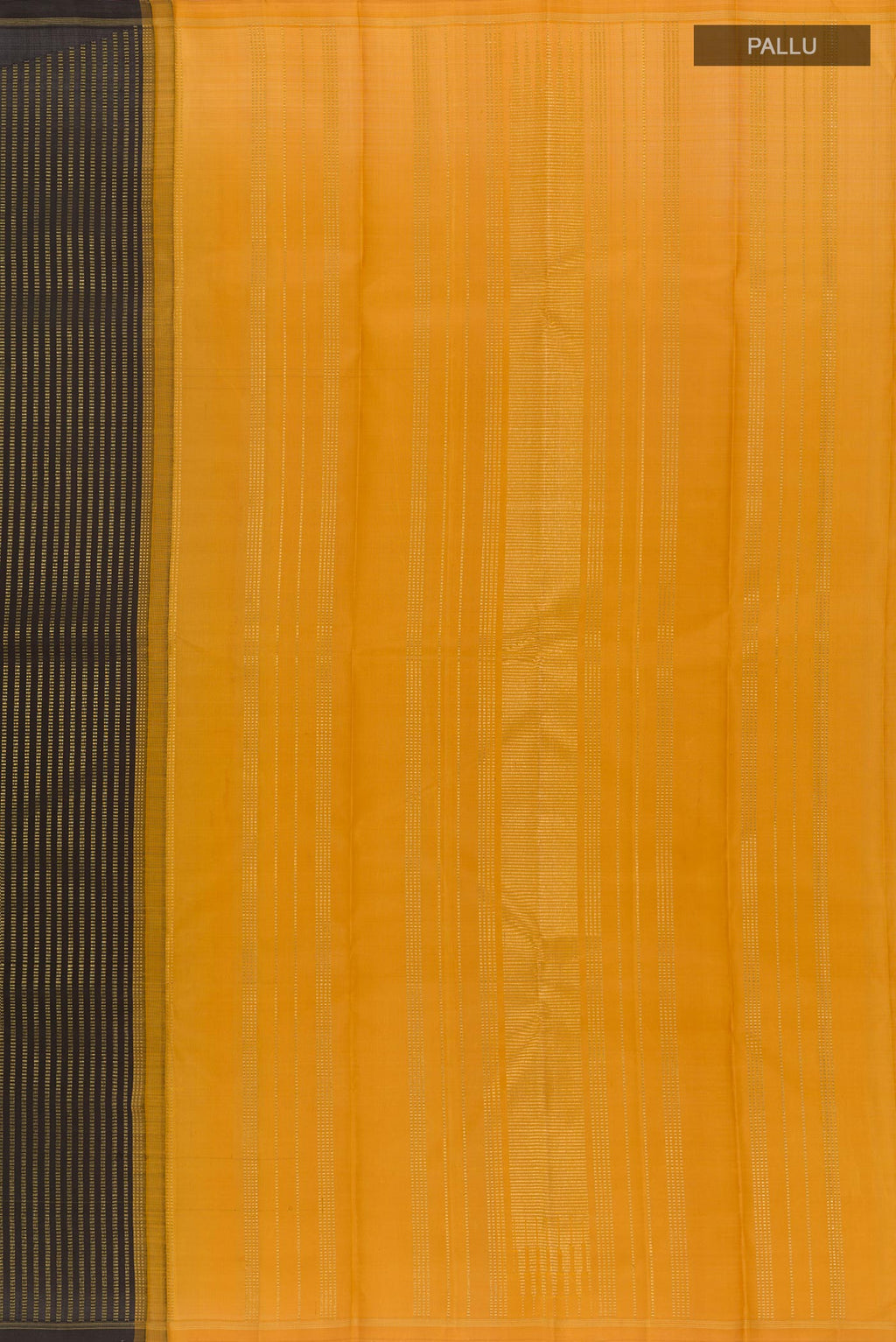 Close up image of the pallu of Pure Silk Pure Zari Black Kanchipuram Saree with Stripes on the body and Zari Border. 