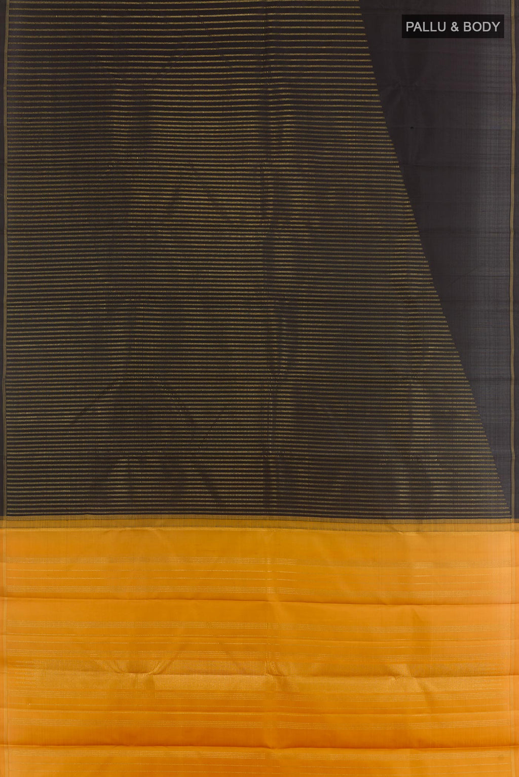 Flat view of Pure Silk Pure Zari Black Kanchipuram Saree with Stripes on the body and Zari Border. 