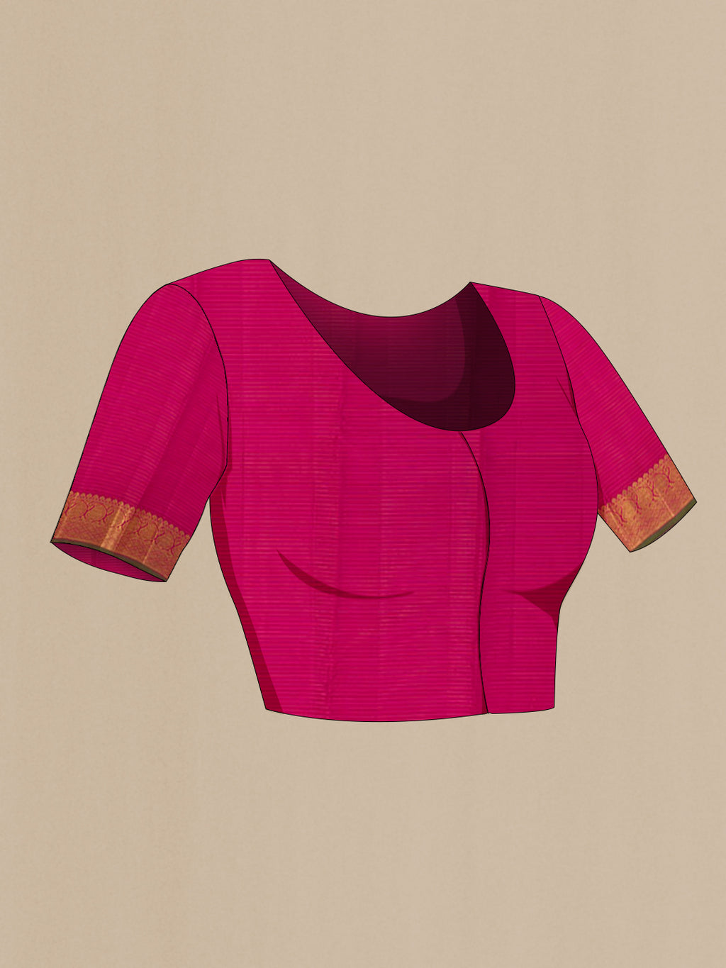 Close up image of the blouse of Pure Silk Pure Zari Pink Kanchipuram Saree with Stripes on the body and Zari Border. 