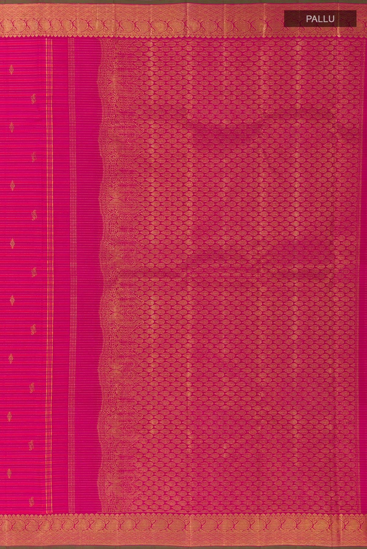 Close up image of the pallu of Pure Silk Pure Zari Pink Kanchipuram Saree with Stripes on the body and Zari Border. 