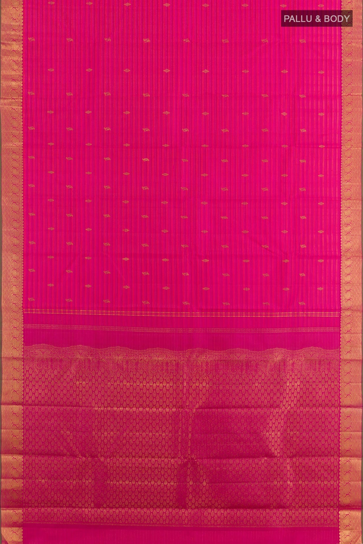 Flat view of Pure Silk Pure Zari Pink Kanchipuram Saree with Stripes on the body and Zari Border. 