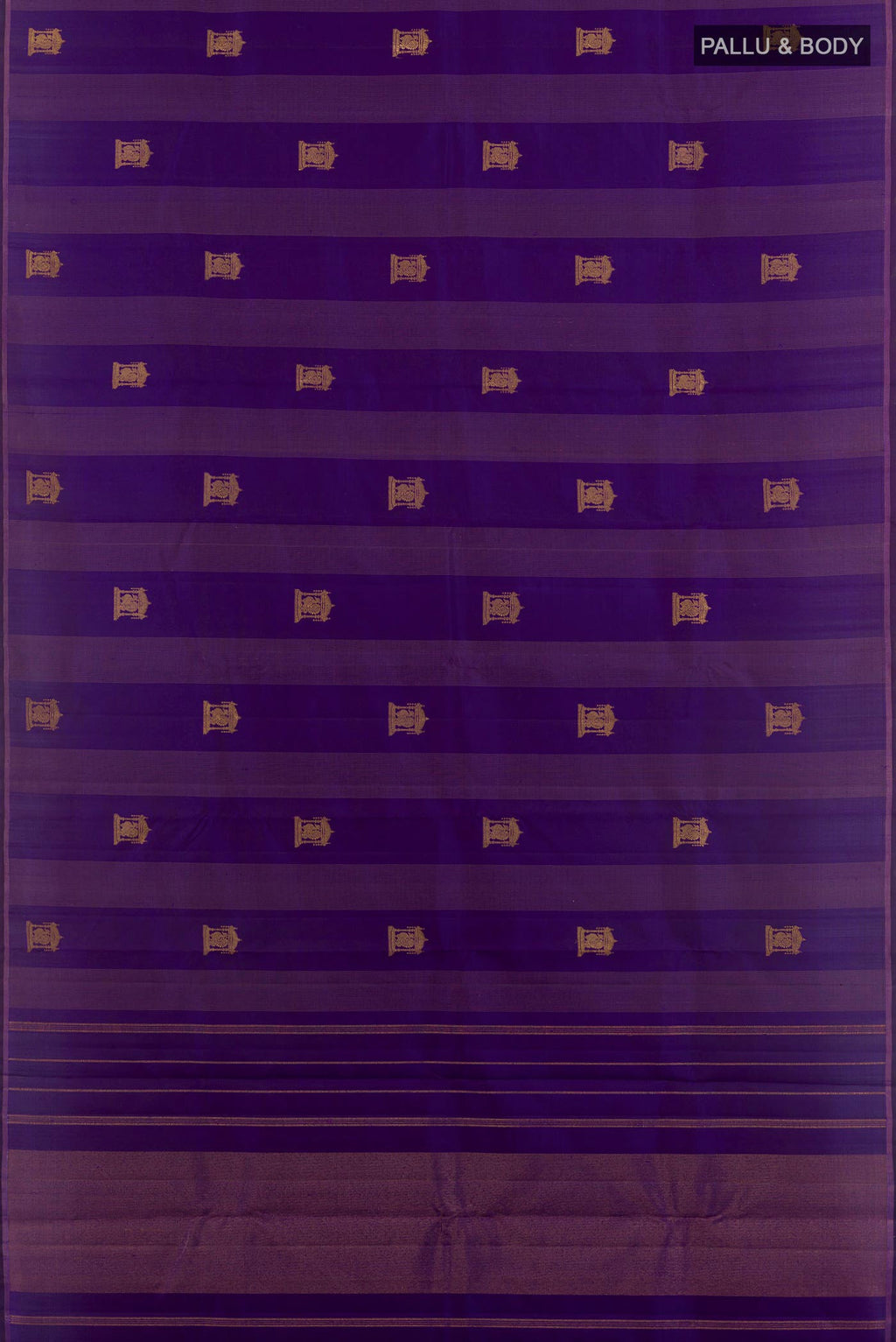 Flat view of Purple Kanjivaram Silk Saree with Zari Butta on the body and Zari Border. 