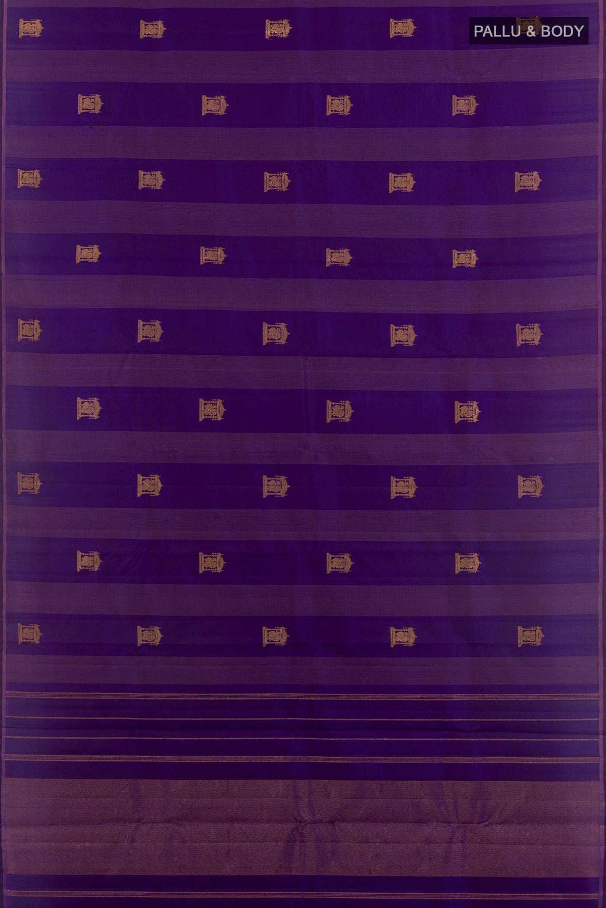 Flat view of Purple Kanjivaram Silk Saree with Zari Butta on the body and Zari Border. 