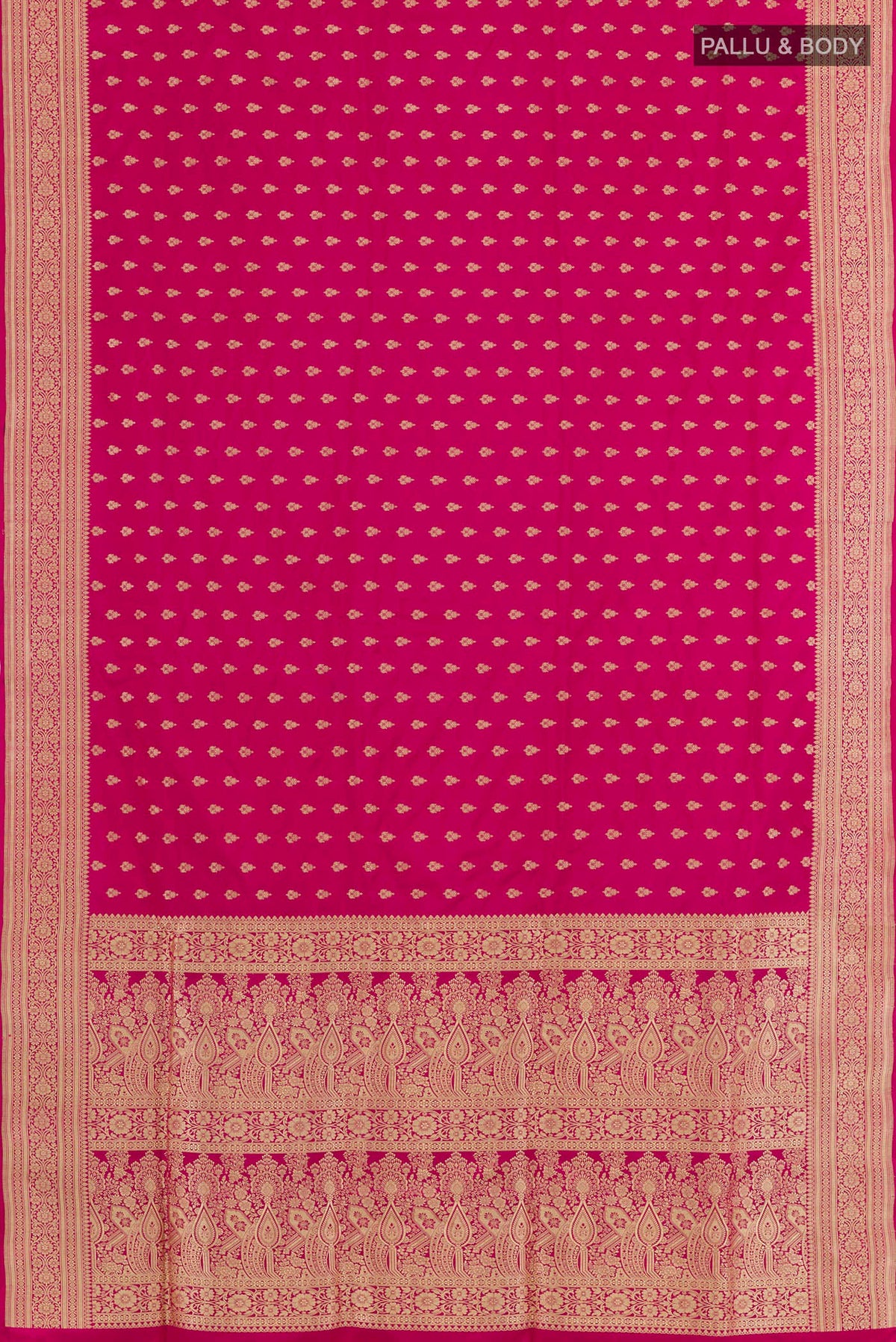 Flat view of Pink Banarasi Silk Saree with Zari Butta on the body and Zari Border. 