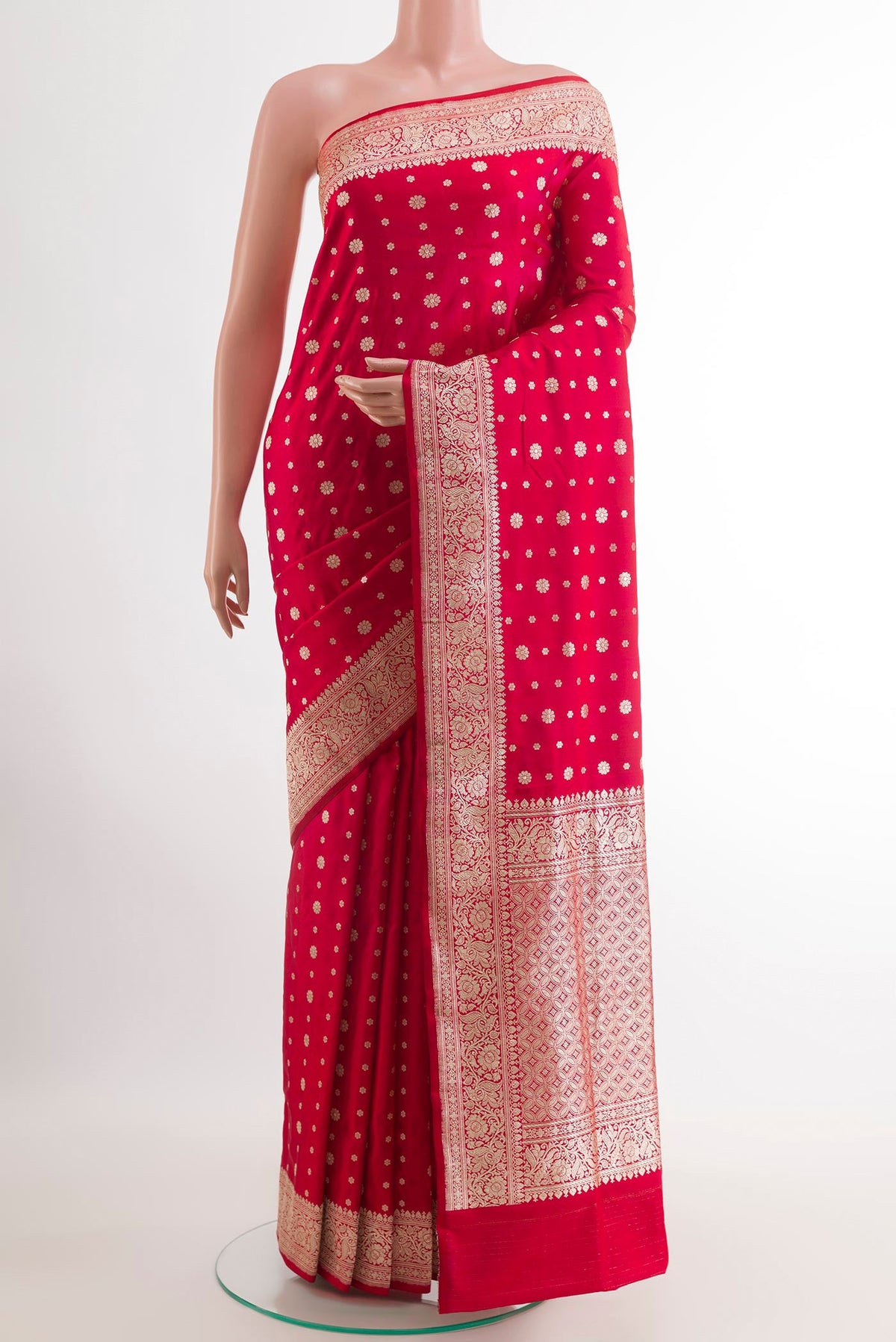 Red Banarasi Silk Saree with Zari Butta on the body and Zari Border.  displayed on a mannequin