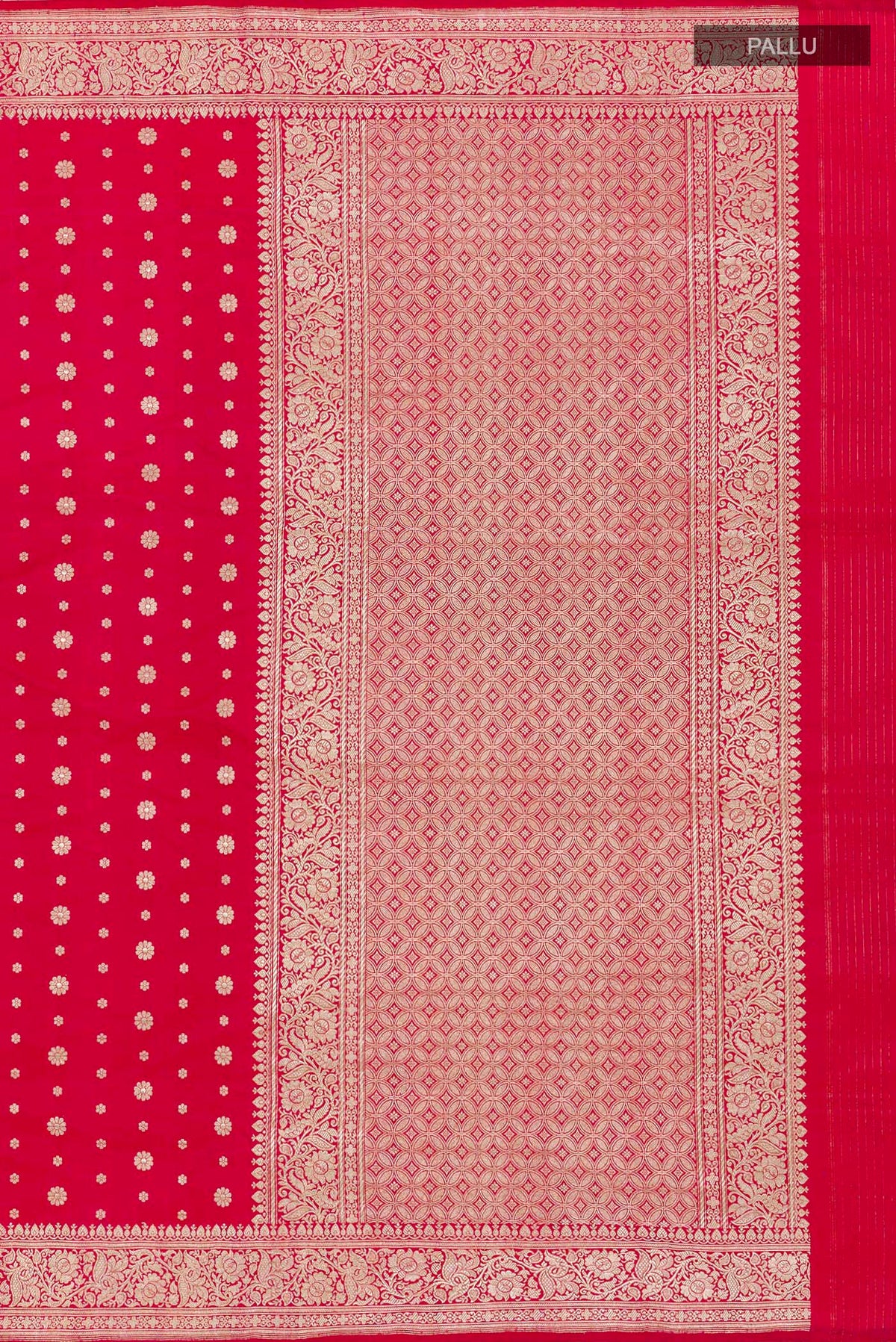 Close up image of the pallu of Red Banarasi Silk Saree with Zari Butta on the body and Zari Border. 
