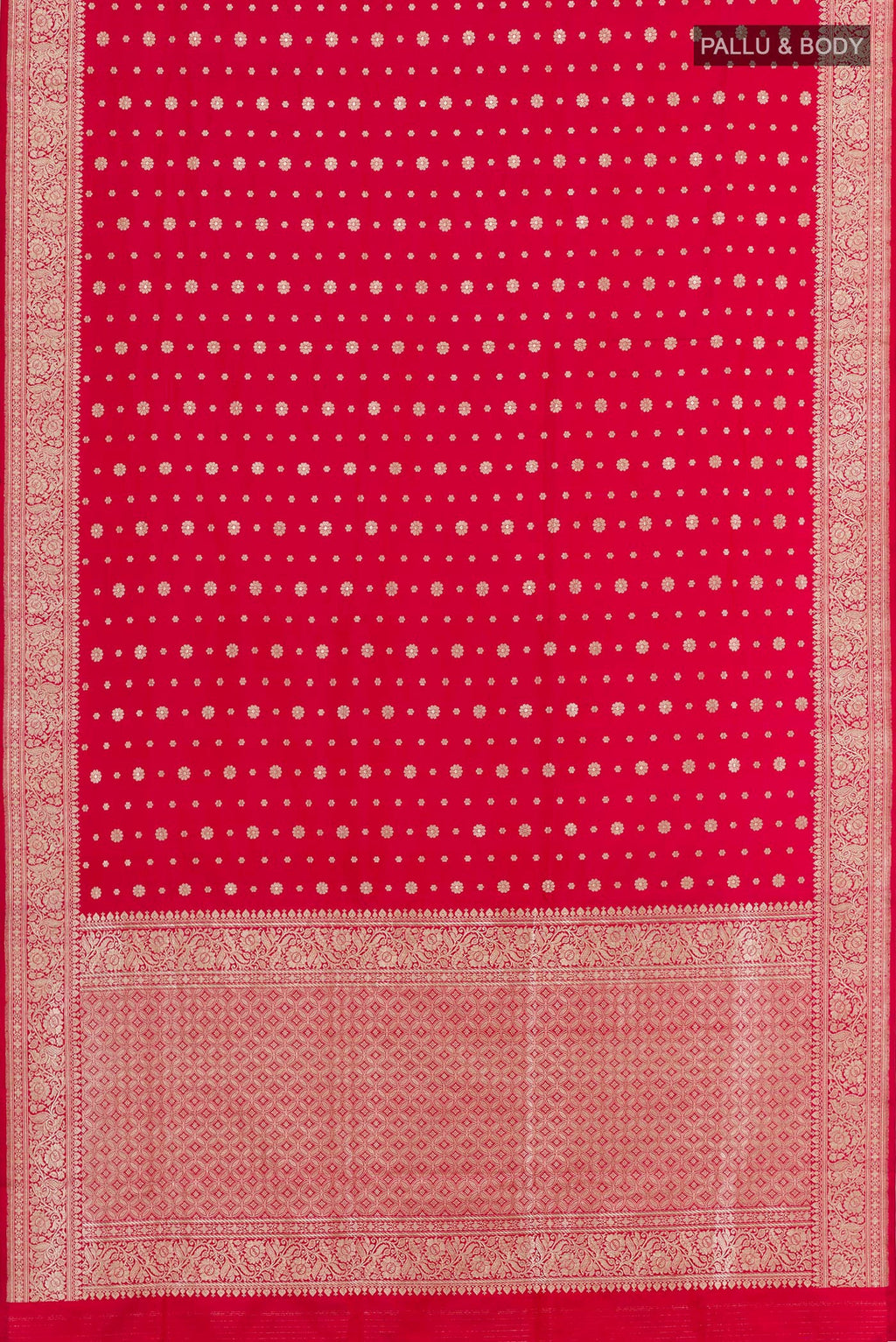 Flat view of Red Banarasi Silk Saree with Zari Butta on the body and Zari Border. 