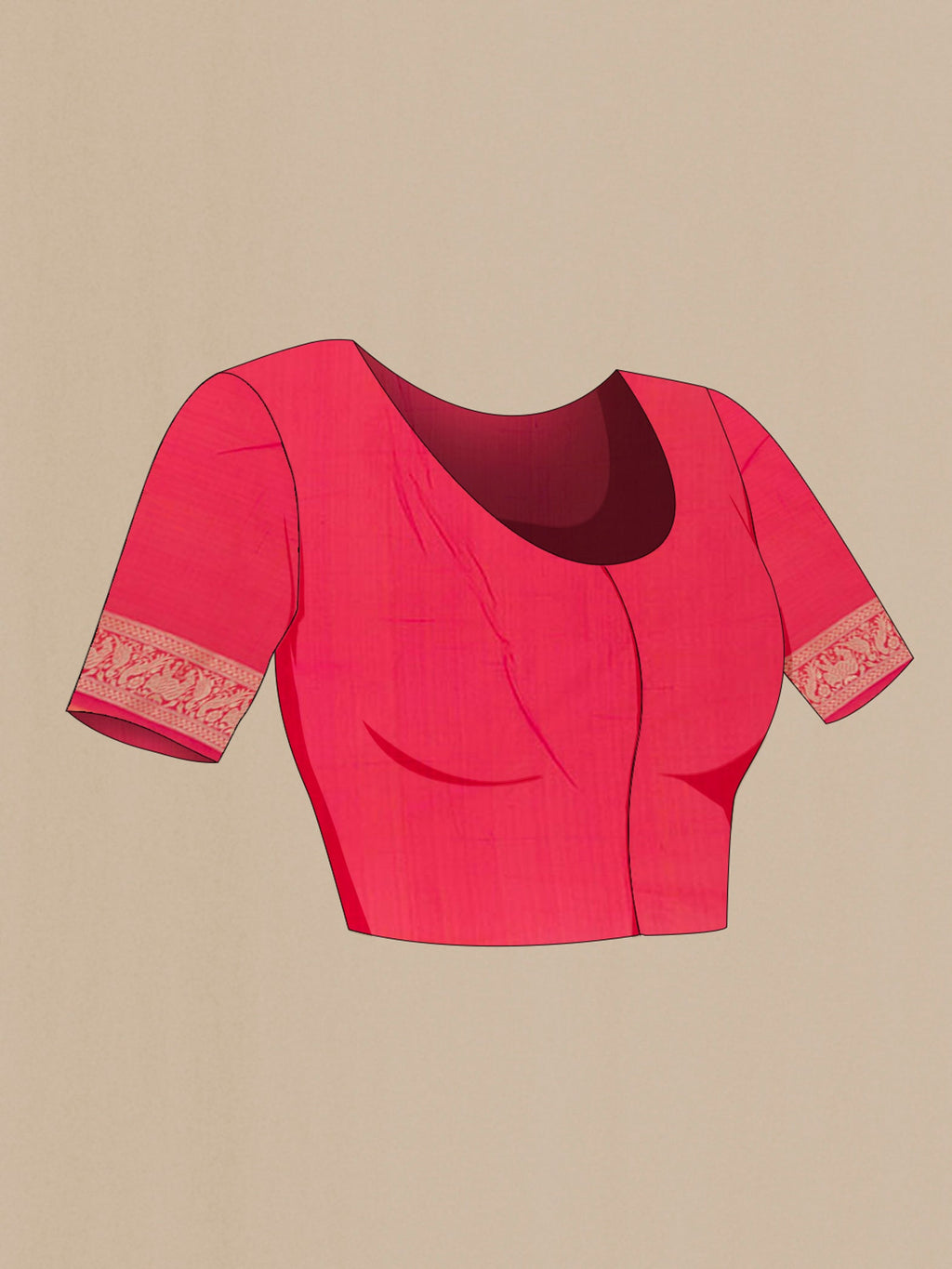 Close up image of the blouse of Pink Banarasi Silk Saree with Zari Brocade on the body and Zari Border. 