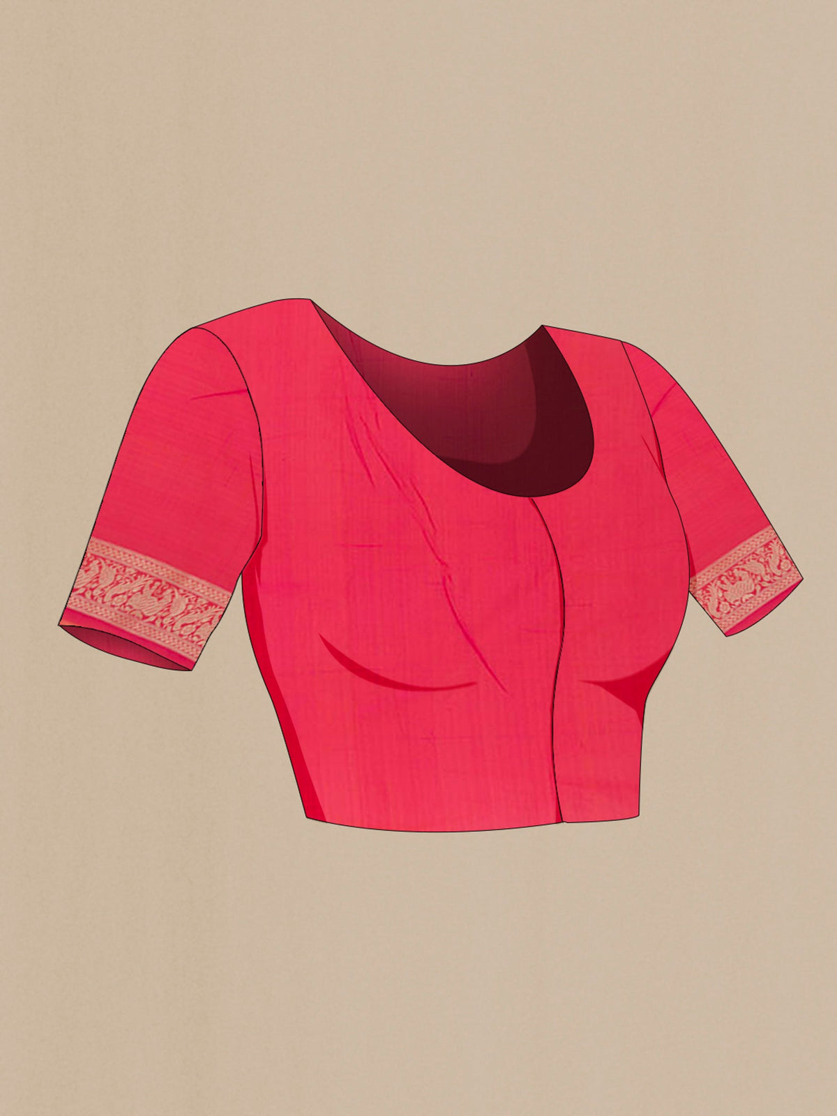 Close up image of the blouse of Pink Banarasi Silk Saree with Zari Brocade on the body and Zari Border. 