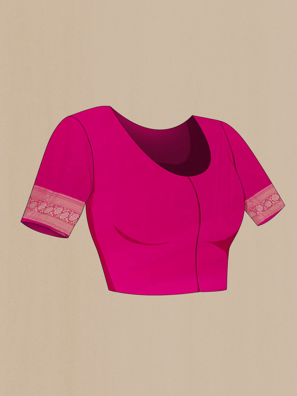 Close up image of the blouse of Pink Banarasi Silk Saree with Zari Brocade on the body and Zari Border. 
