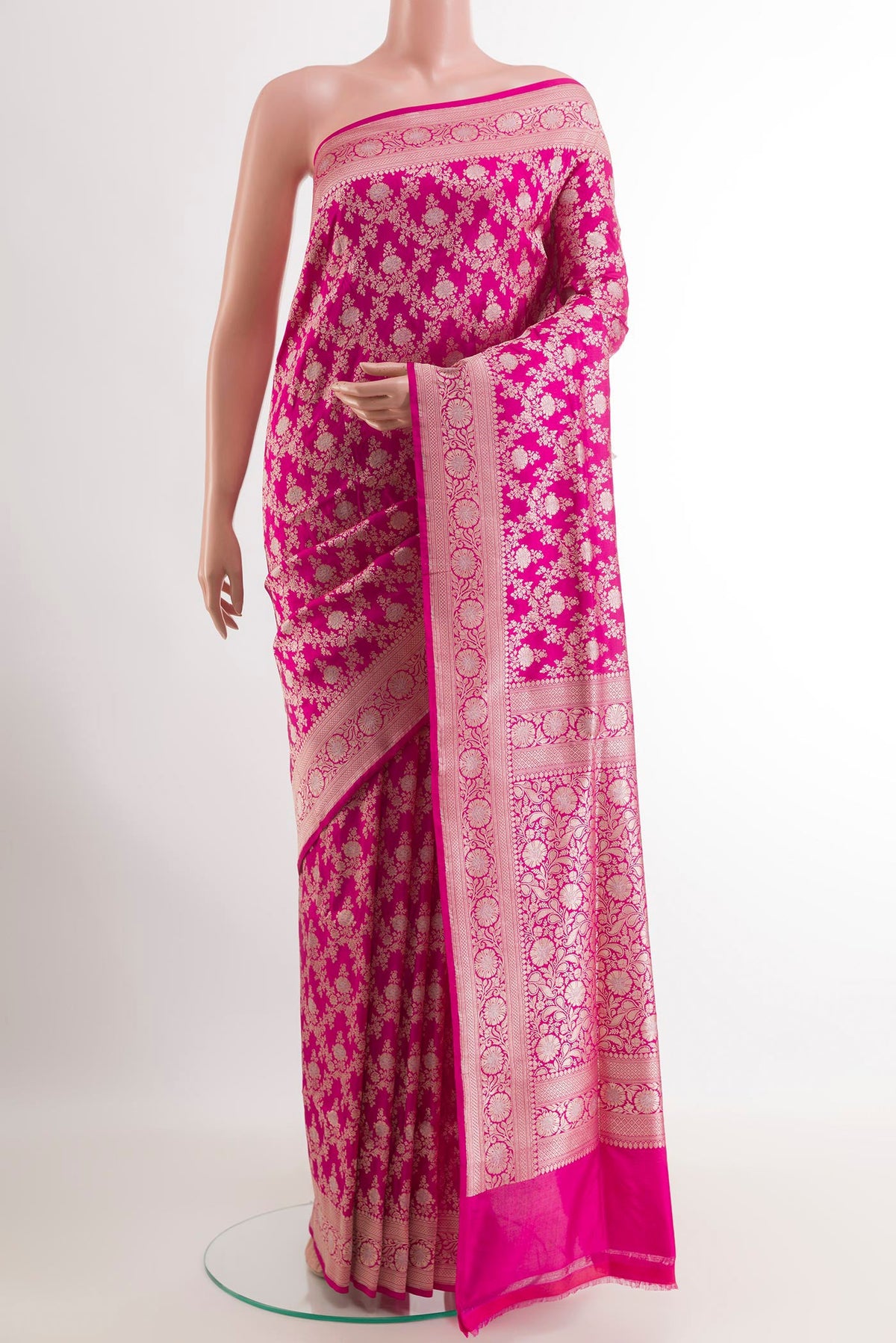 Pink Banarasi Silk Saree with Zari Brocade on the body and Zari Border.  displayed on a mannequin
