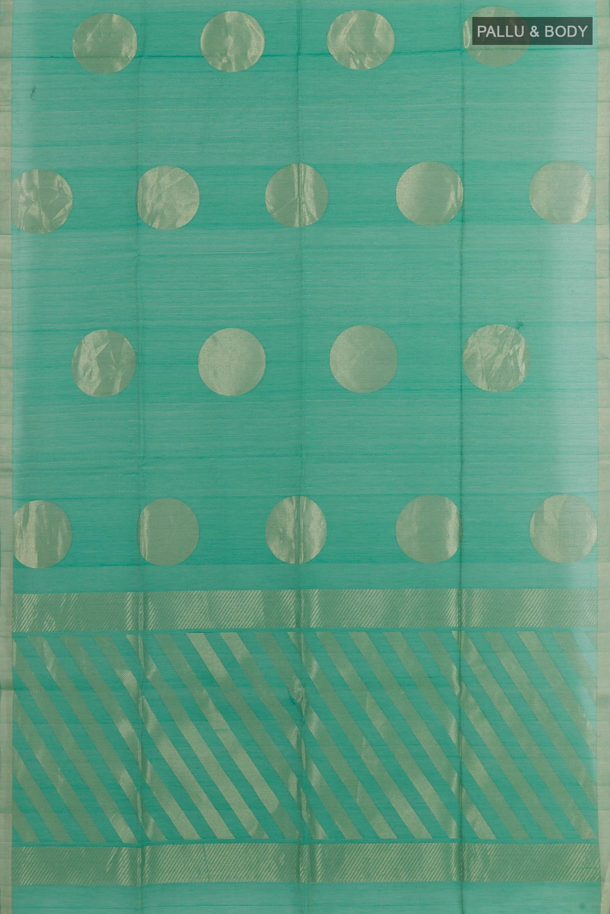 Flat view of Sea Green Blended Kora Cotton Saree with Stripes on the body and Zari Border. 