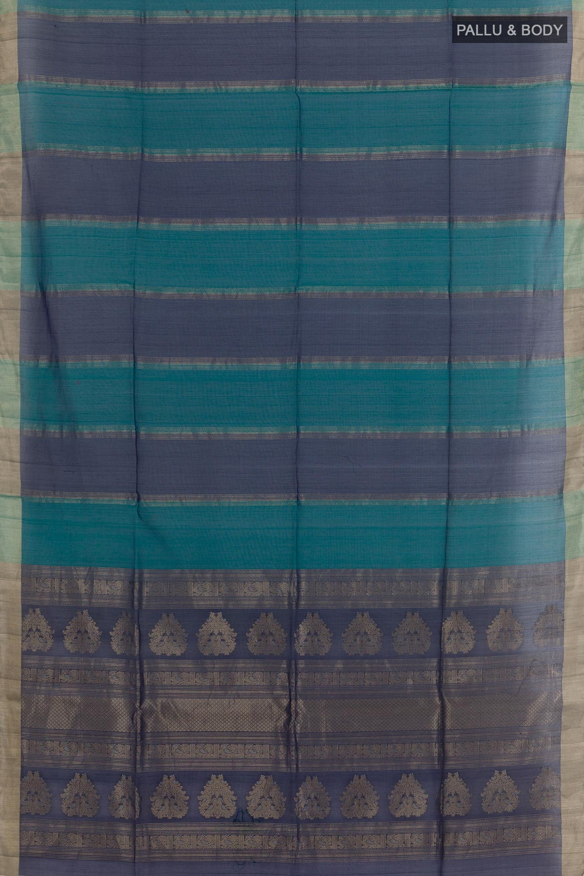 Flat view of Sea Green Blended Kora Cotton Saree with Stripes on the body and Zari Border. 