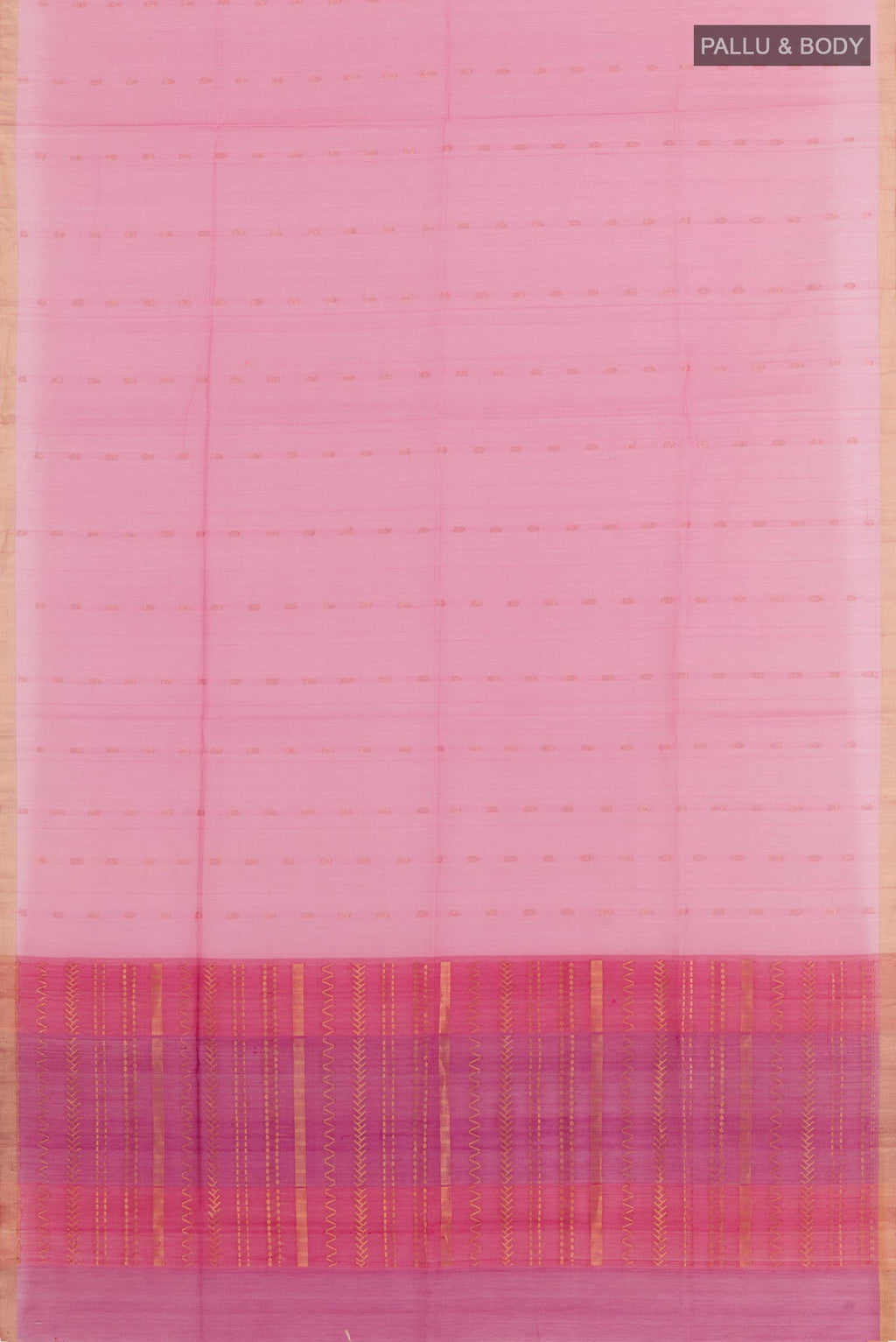 Flat view of Pink Blended Kora Cotton Saree with Zari Butta on the body and Zari Border. 
