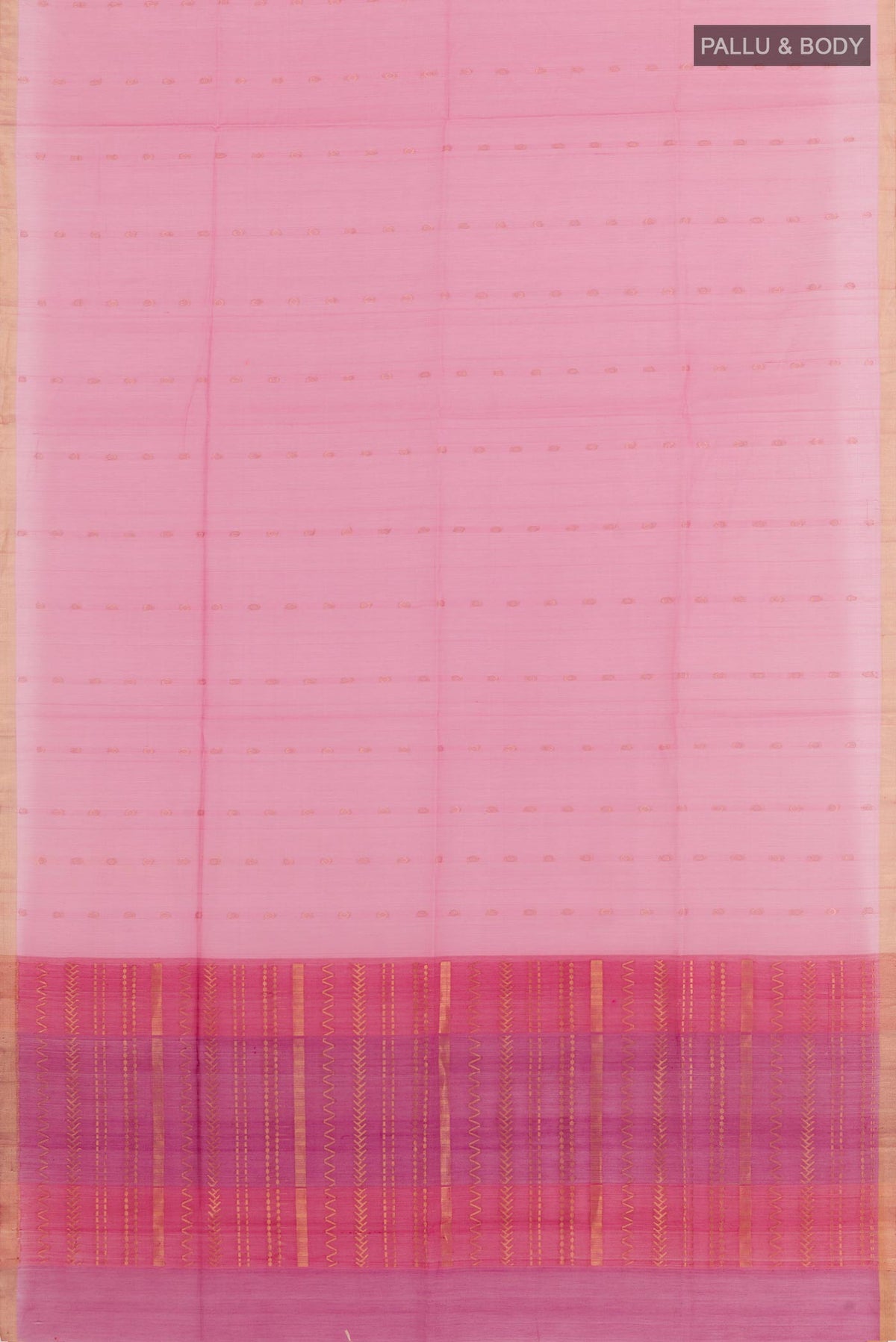 Flat view of Pink Blended Kora Cotton Saree with Zari Butta on the body and Zari Border. 
