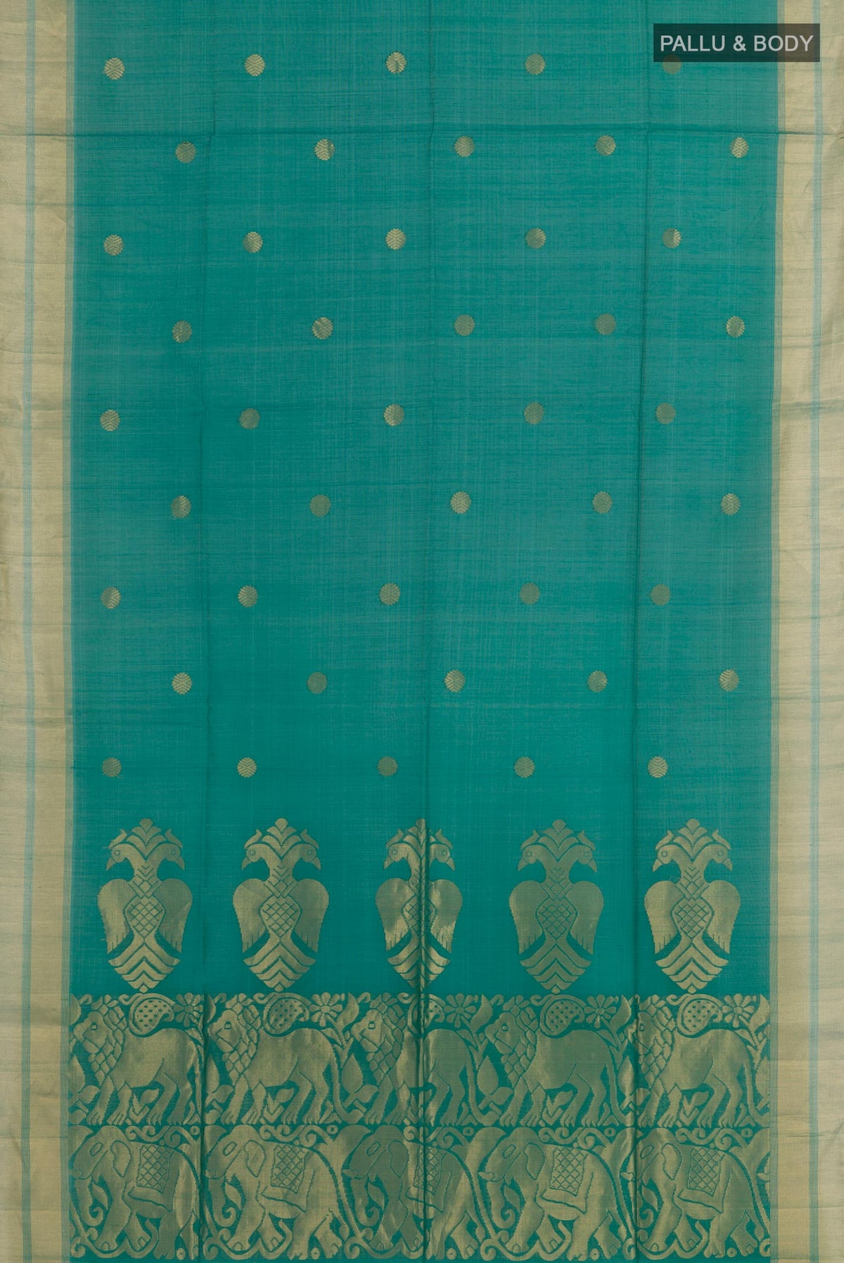 Flat view of Green Blended Kora Cotton Saree with Zari Butta on the body and Zari Border. 