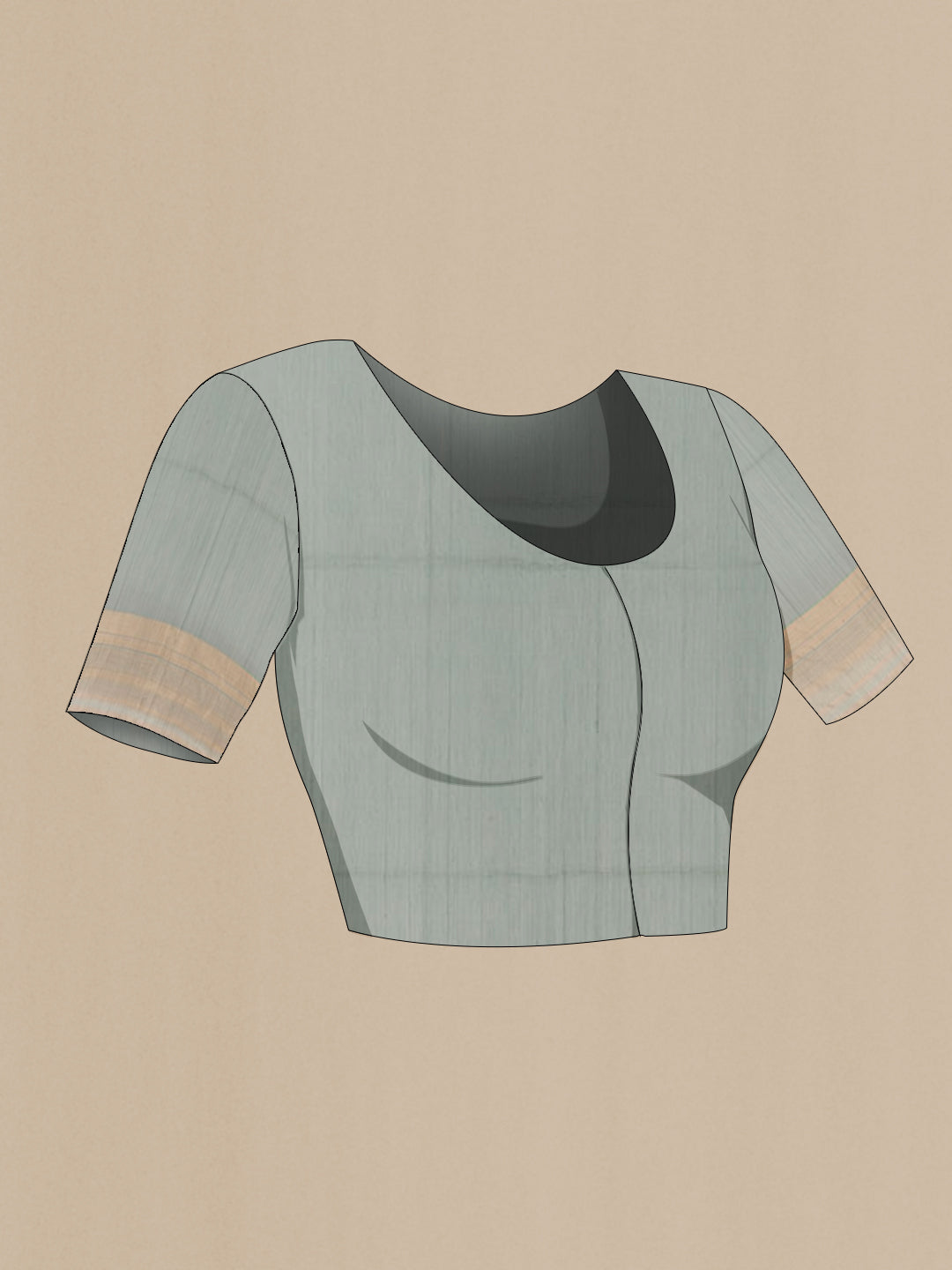 Close up image of the blouse of Grey Chiffon Saree with Printed design on the body and Plain Border. 