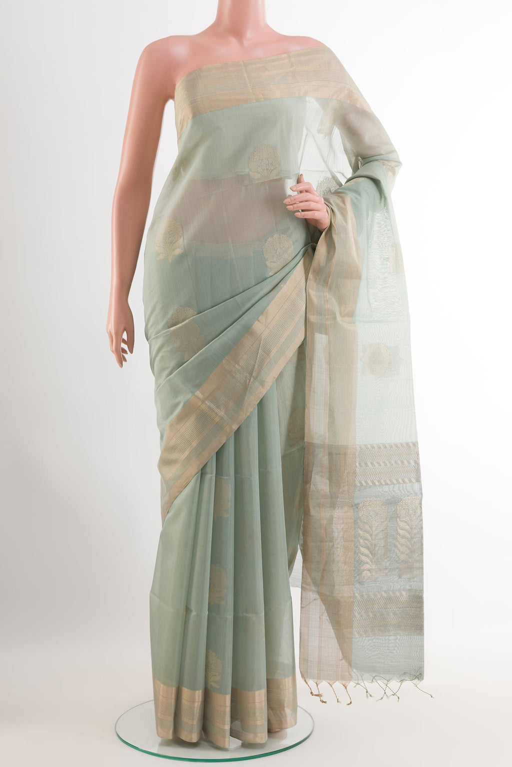 Grey Chiffon Saree with Printed design on the body and Plain Border.  displayed on a mannequin