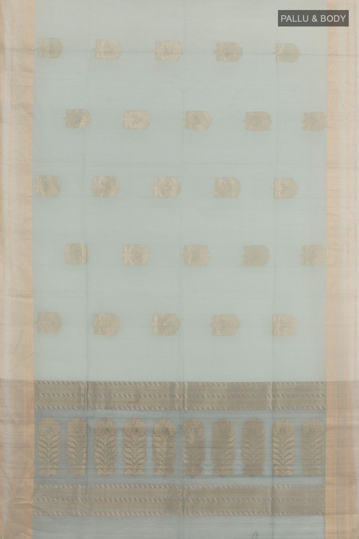 Flat view of Grey Chiffon Saree with Printed design on the body and Plain Border. 
