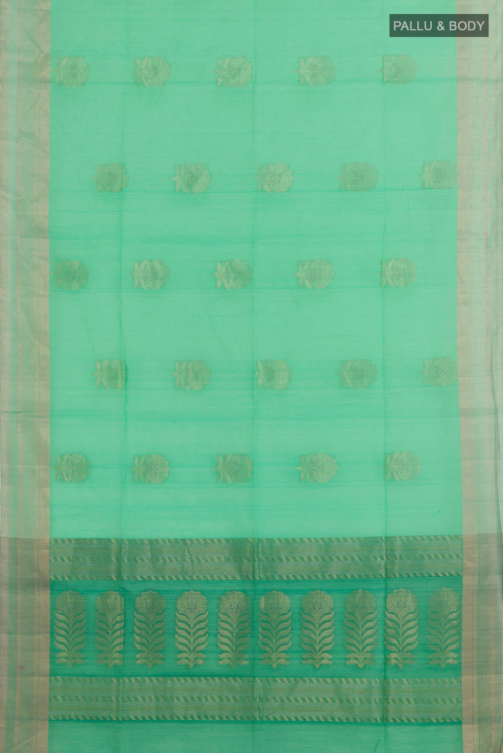 Flat view of Turquoise Silk Cotton Saree with Zari Butta on the body and Zari Border. 