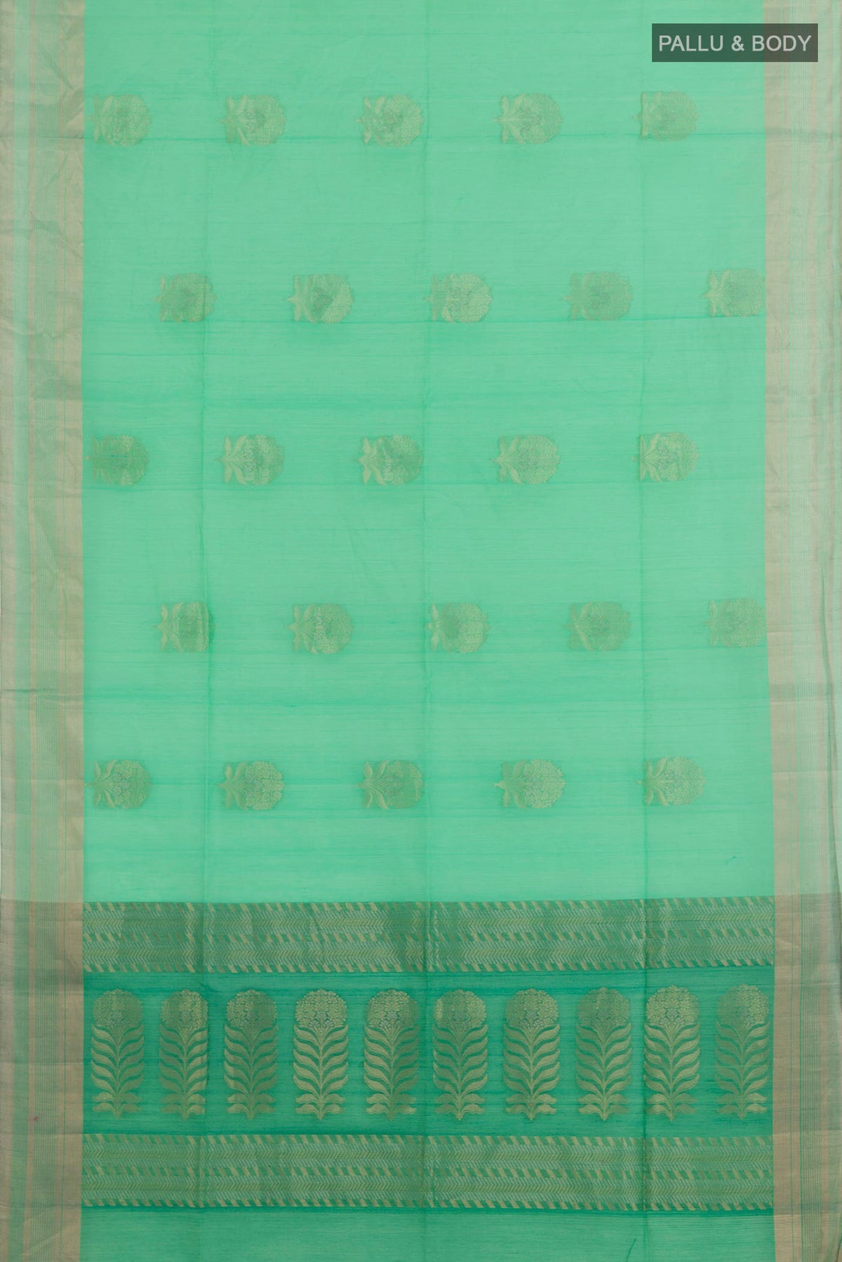 Flat view of Turquoise Silk Cotton Saree with Zari Butta on the body and Zari Border. 