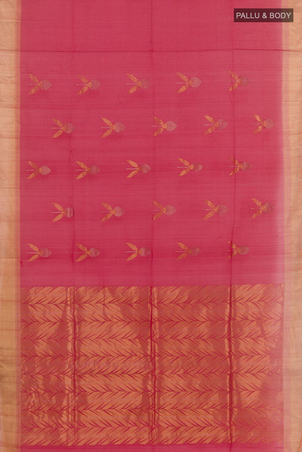 Flat view of Red Blended Kora Cotton Saree with Zari Butta on the body and Zari Border. 
