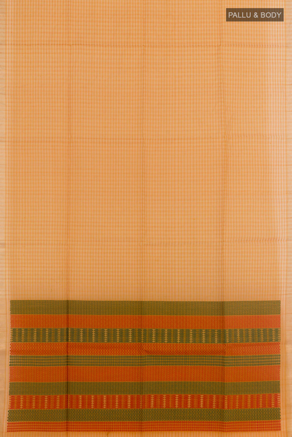 Flat view of Mustard Blended Silk Cotton Saree with Checked design on the body and Zari Border. 