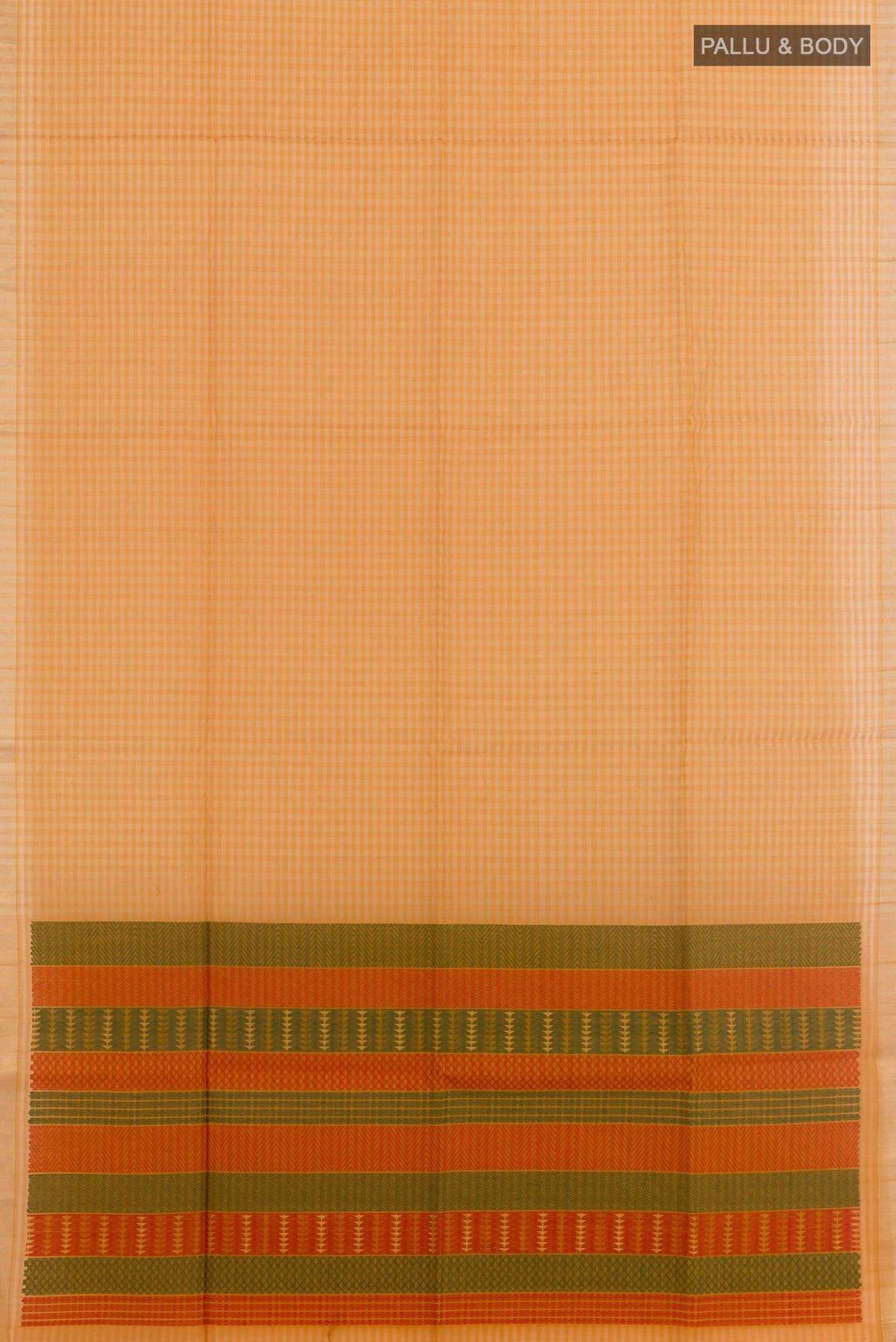Flat view of Yellow Blended Kora Cotton Saree with Stripes on the body and Zari Border. 