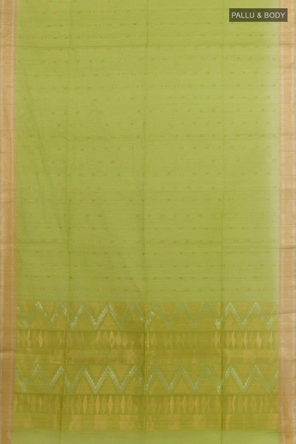 Flat view of Green Blended Silk Cotton Saree with Zari Butta on the body and Zari Border. 