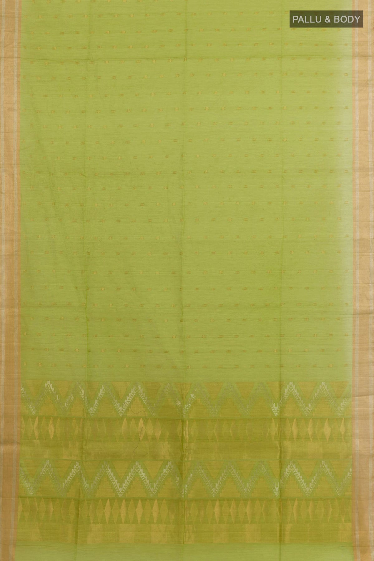 Flat view of Green Blended Silk Cotton Saree with Zari Butta on the body and Zari Border. 