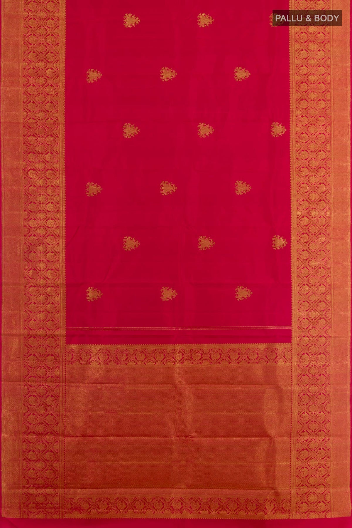 Flat view of Red Kanchipuram Silk Saree with Zari Butta on the body and Zari Border. 