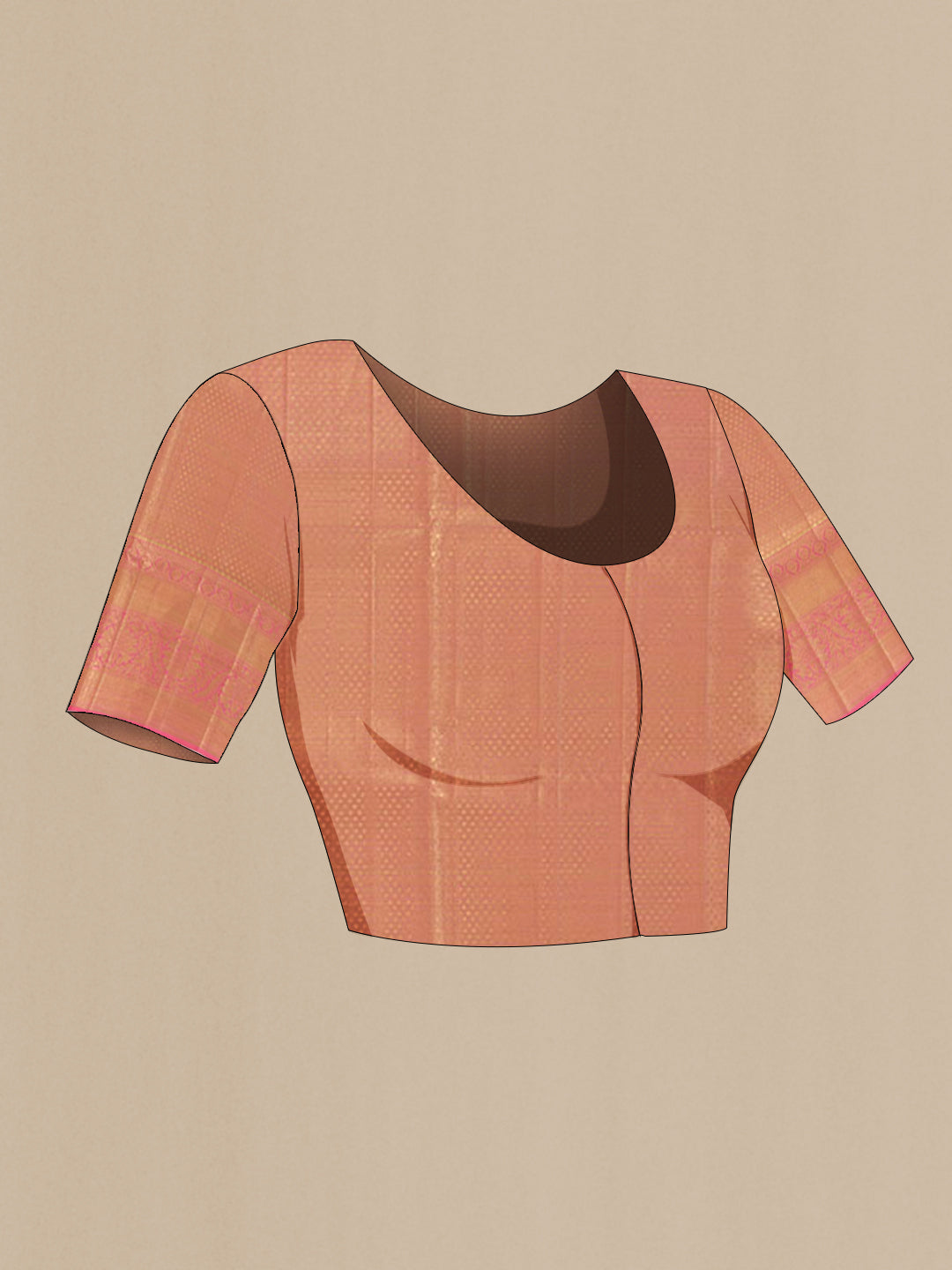 Close up image of the blouse of Rose Gold Kanjivaram Tissue Silk Saree with Zari Brocade on the body and Zari Border. 