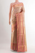Rose Gold Kanjivaram Tissue Silk Saree with Zari Brocade on the body and Zari Border.  displayed on a mannequin