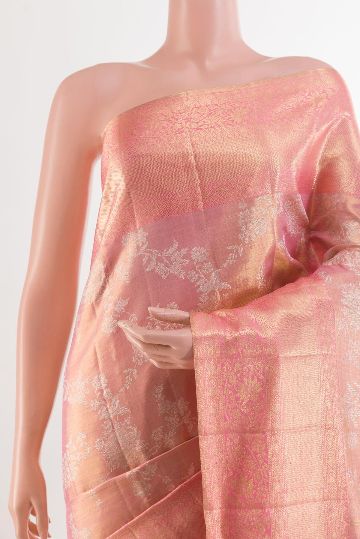 Border image of Pink Kanjivaram Tissue Silk Saree with Zari Brocade on the body and Zari Border. 