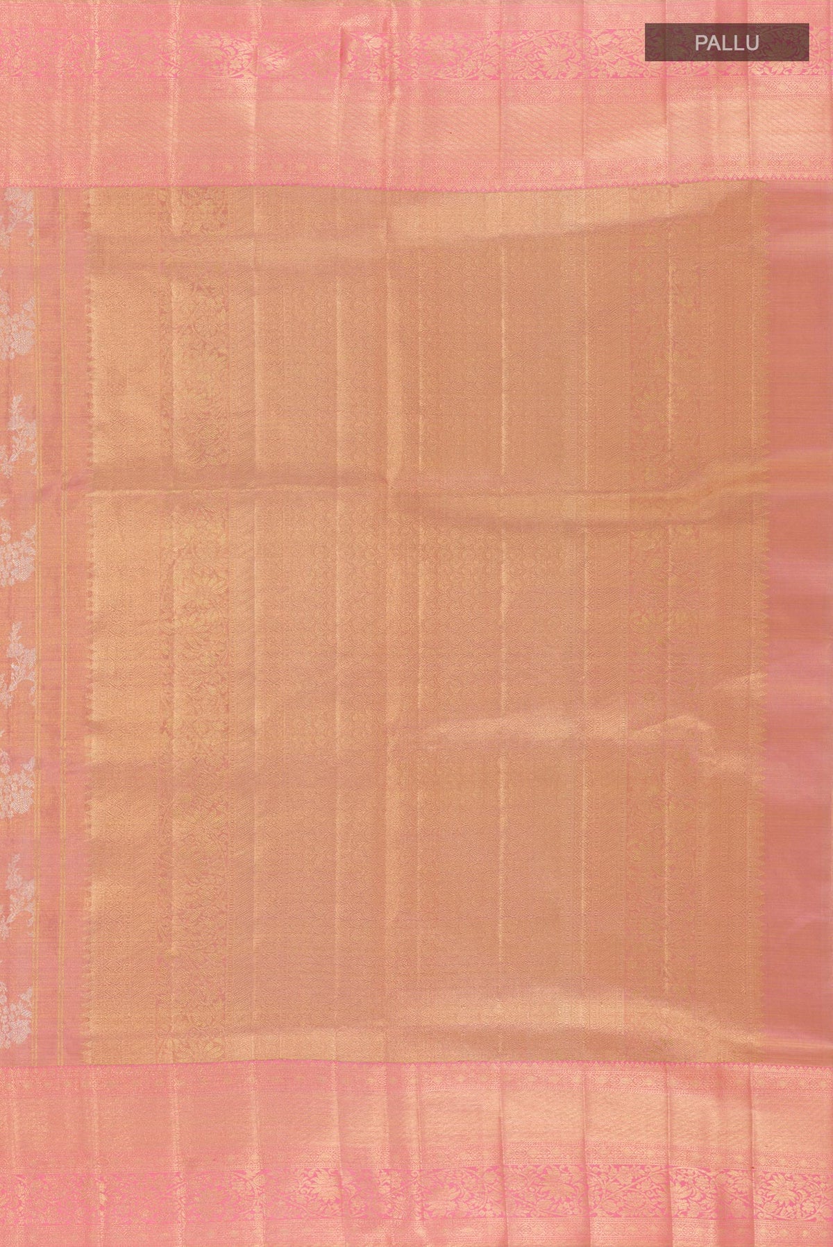 Close up image of the pallu of Pink Kanjivaram Tissue Silk Saree with Zari Brocade on the body and Zari Border. 