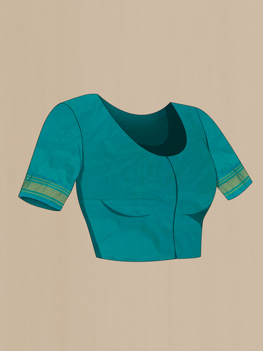 Close up image of the blouse of Blue Paithani Silk Saree with Zari Butta on the body and Zari Border. 