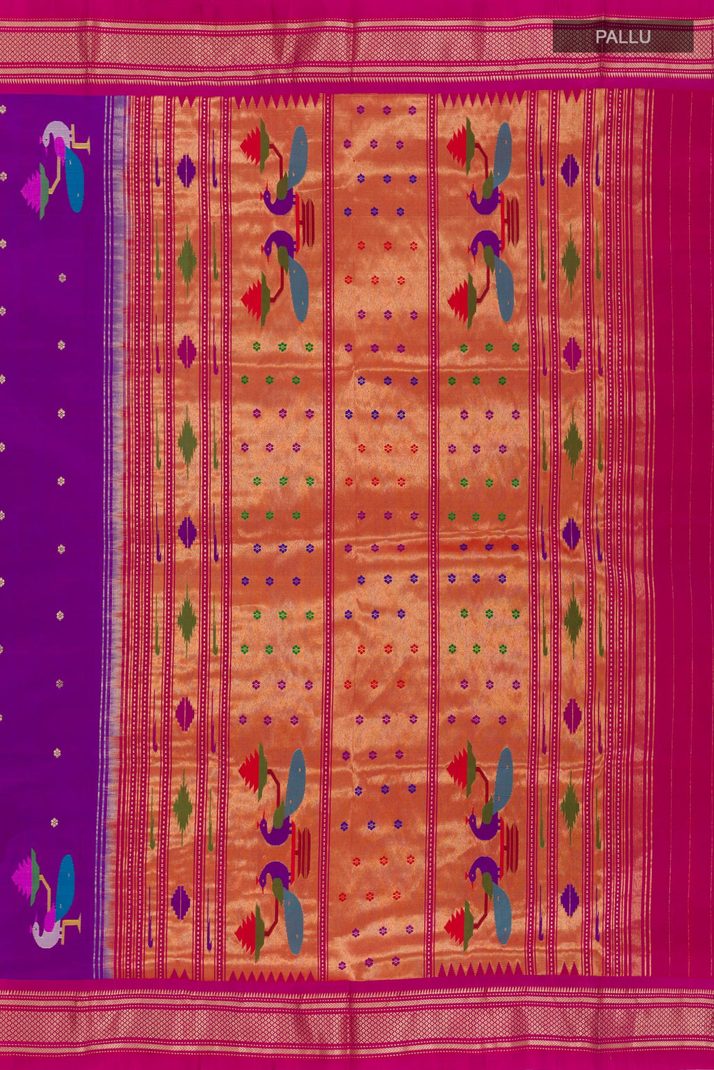 Close up image of the pallu of Purple Paithani Silk Saree with Zari Butta on the body and Zari Border. 
