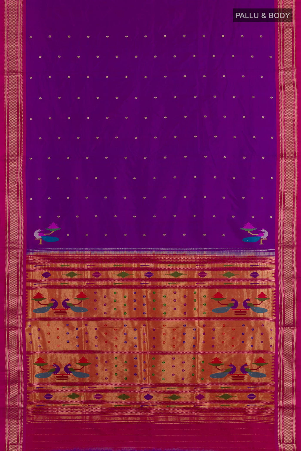 Flat view of Purple Paithani Silk Saree with Zari Butta on the body and Zari Border. 