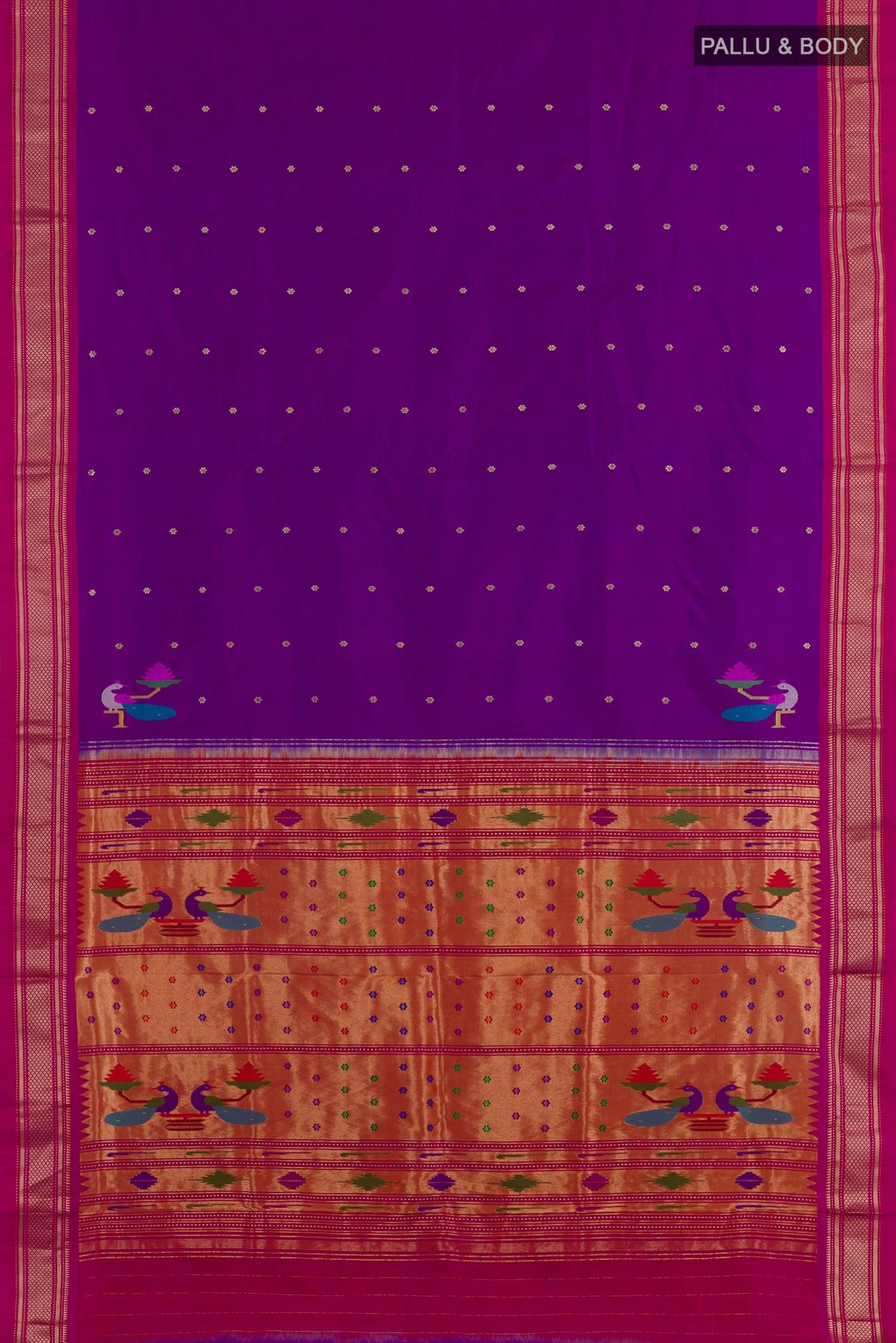 Flat view of Purple Paithani Silk Saree with Zari Butta on the body and Zari Border. 